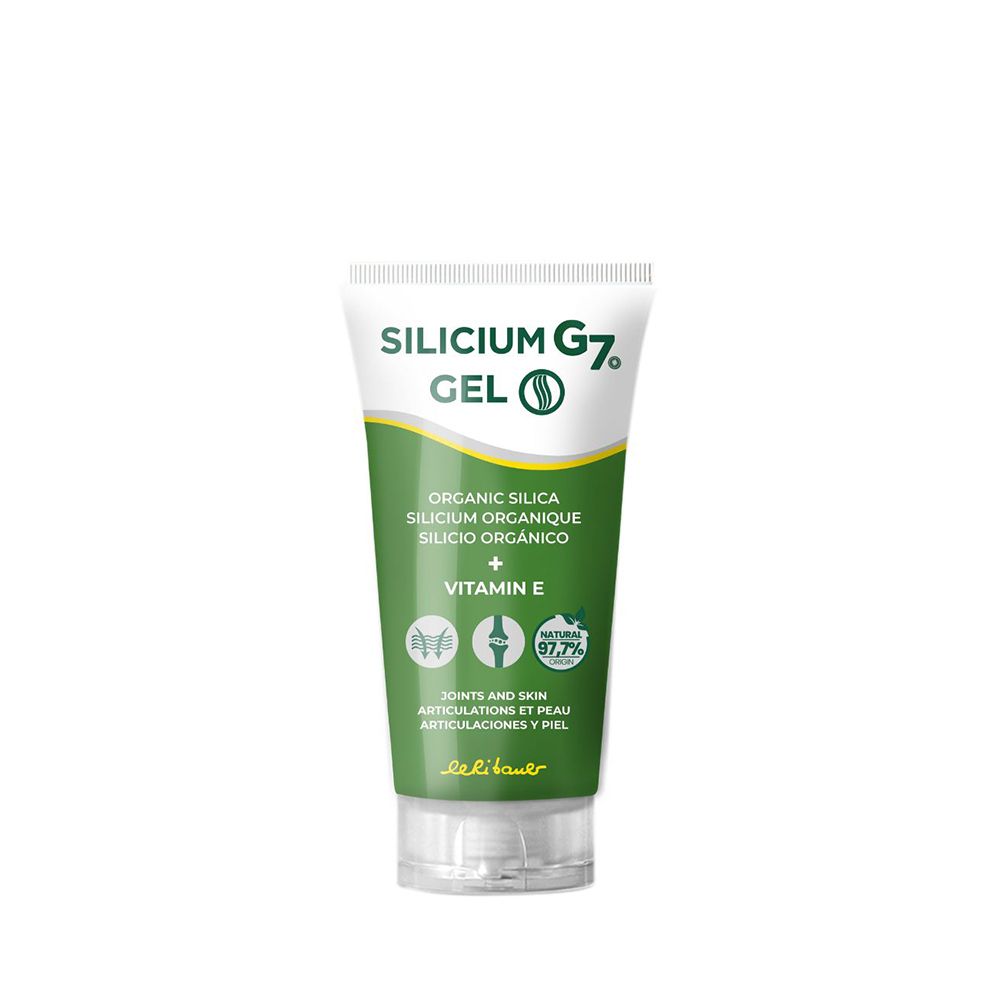Tube de gel Silicium G7. Design vert et blanc. Contient du silicium organique et de la vitamine E. Inscription : Joints and skin.