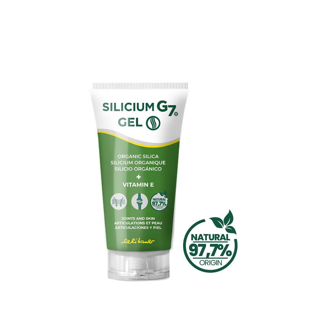 Tube de gel Silicium G7. Design vert et blanc. Contient du silicium organique et de la vitamine E. Logo 'Natural 97,7% Origin'.