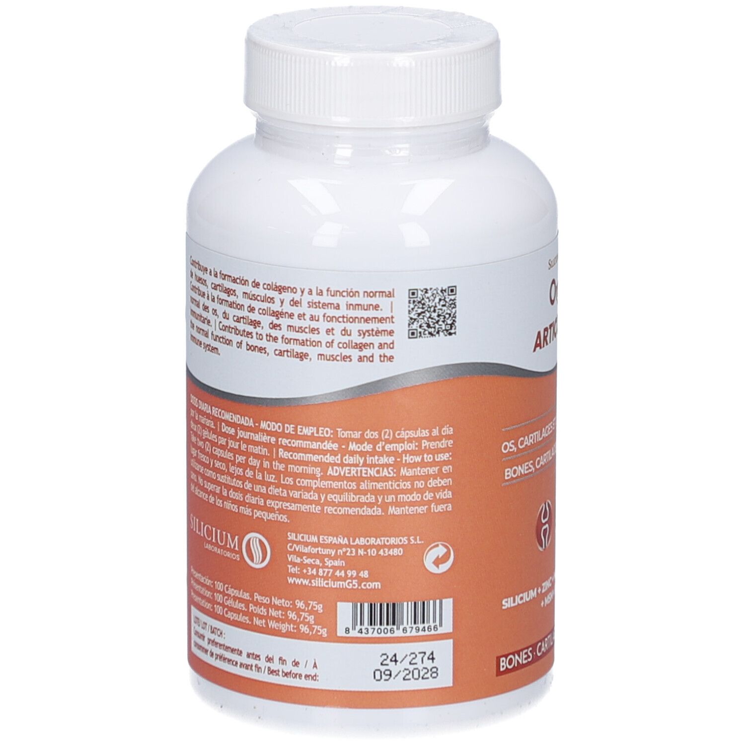 Dos du flacon blanc avec informations sur le produit et code QR. Fond orange.