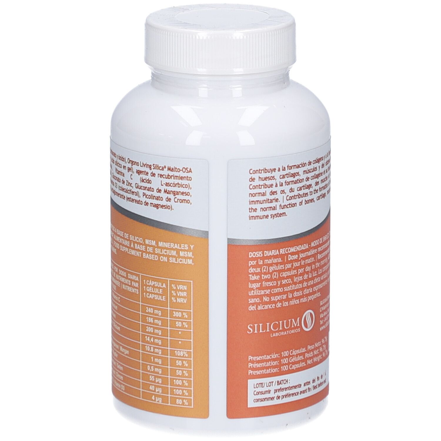 Dos du flacon blanc avec informations sur le produit et tableau nutritionnel. Fond orange.