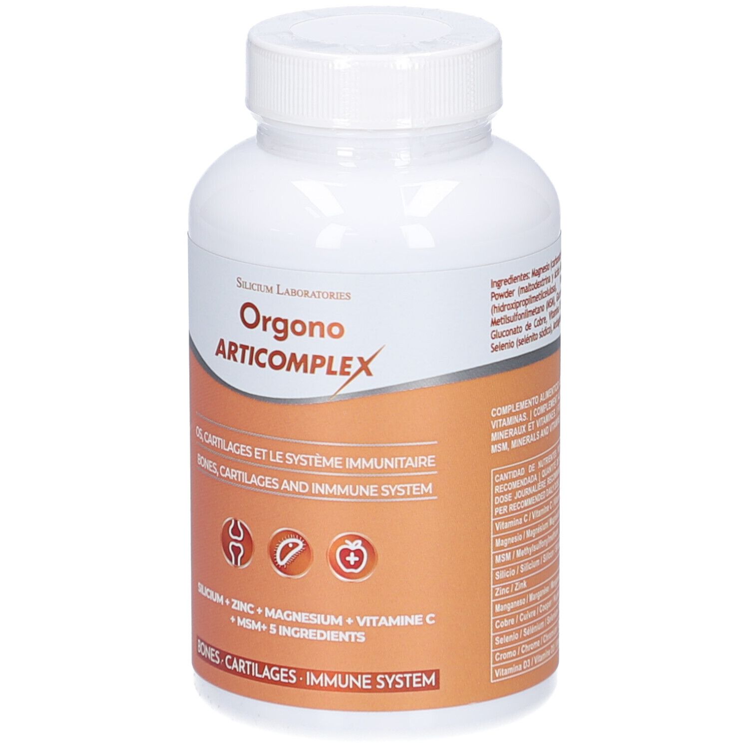 Flacon blanc à bouchon à vis. Étiquette avec nom du produit et ingrédients. Fond orange.