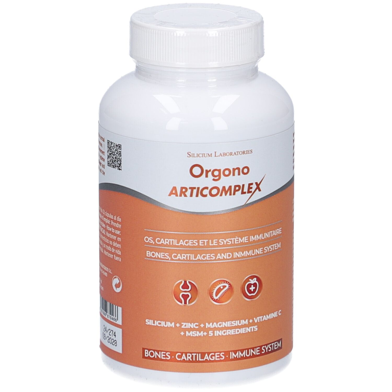 Flacon blanc à bouchon à vis. Étiquette avec nom du produit et ingrédients. Fond orange.