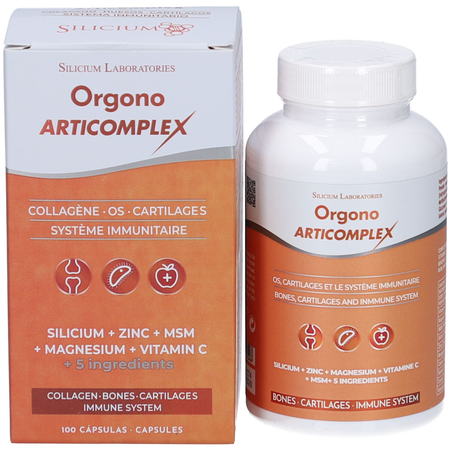 Flacon blanc et boîte. Étiquette et emballage avec nom du produit et ingrédients. Fond orange.