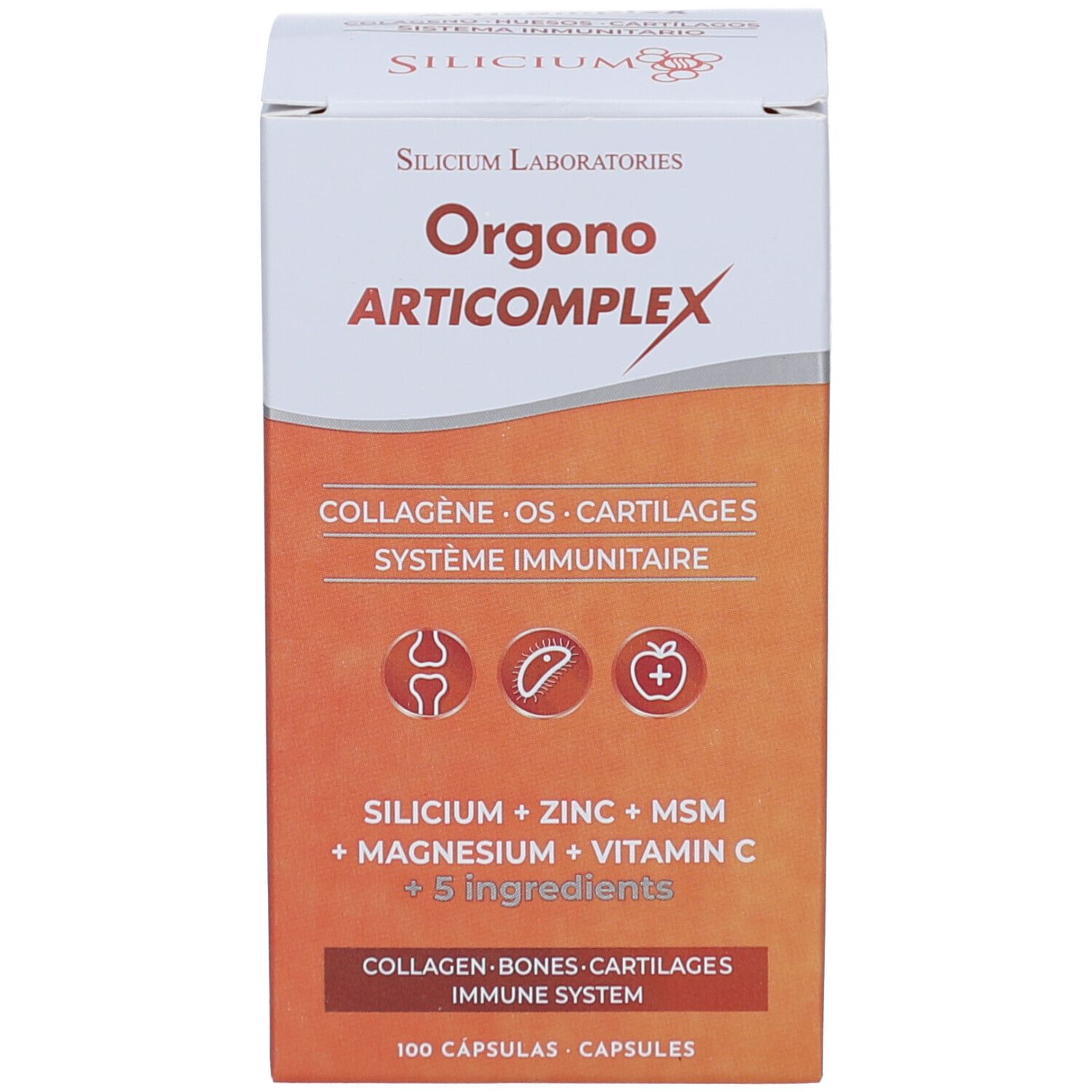 Emballage du produit avec nom du produit et ingrédients. Fond orange.