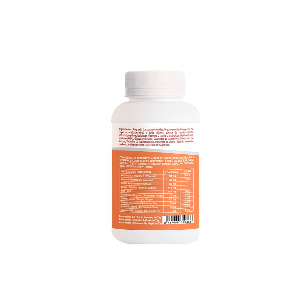 Dos du flacon blanc. Informations sur le produit et ingrédients. SILICIUM LABORATORIES. 100 gélules.