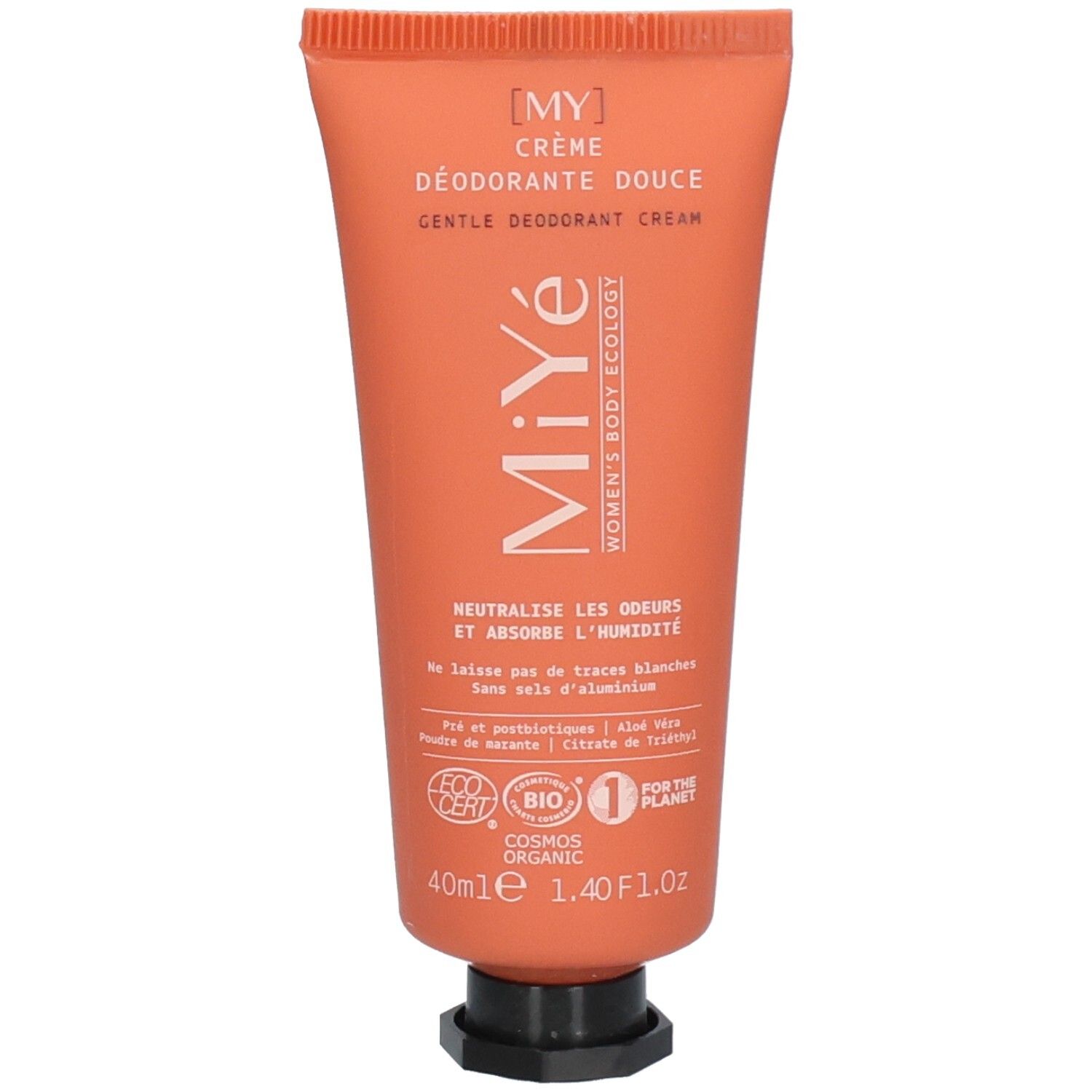 Tube orange avec inscription MiYé Crème Déodorante Douce. Certifications bio et éco visibles.