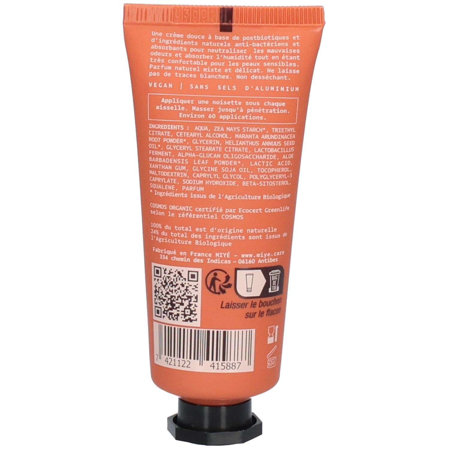 Arrière du tube MiYé Crème Déodorante Douce avec ingrédients et QR code. Vegan et sans sels d'aluminium.