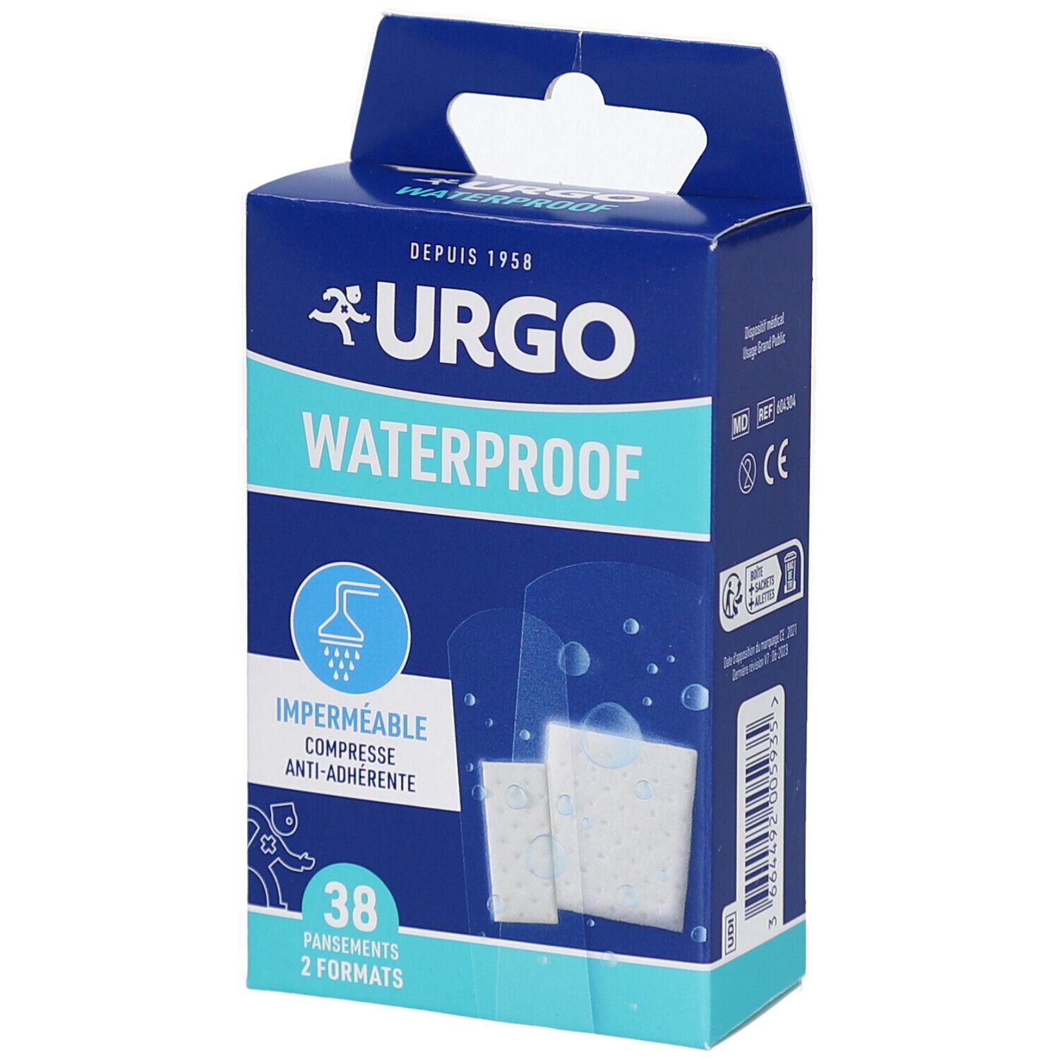 Boîte bleue et blanche URGO Waterproof. 38 pansements, 2 formats. Illustration de pansements et symbole de douche.