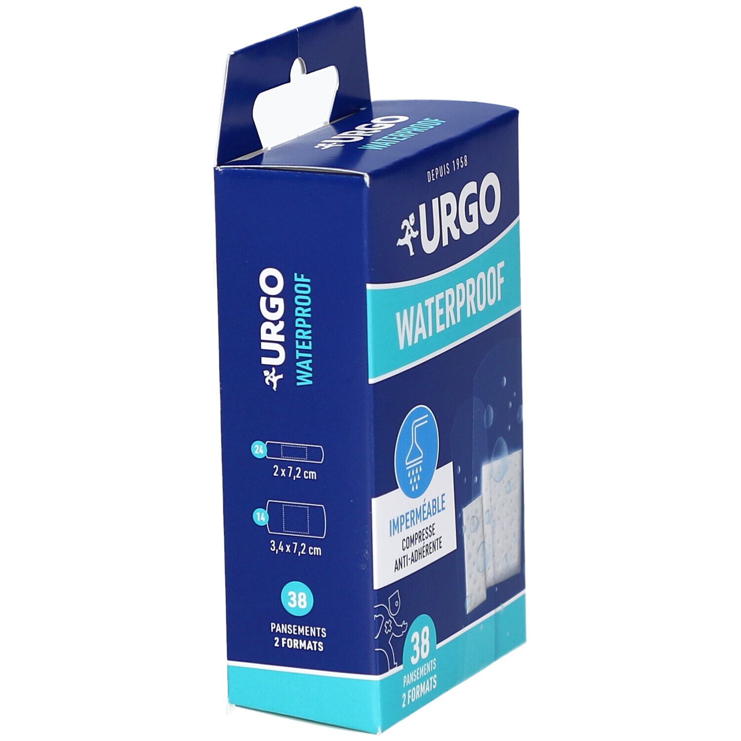 Boîte bleue URGO Waterproof. 38 pansements, 2 formats. Dimensions : 2x7,2 cm et 3,4x7,2 cm.