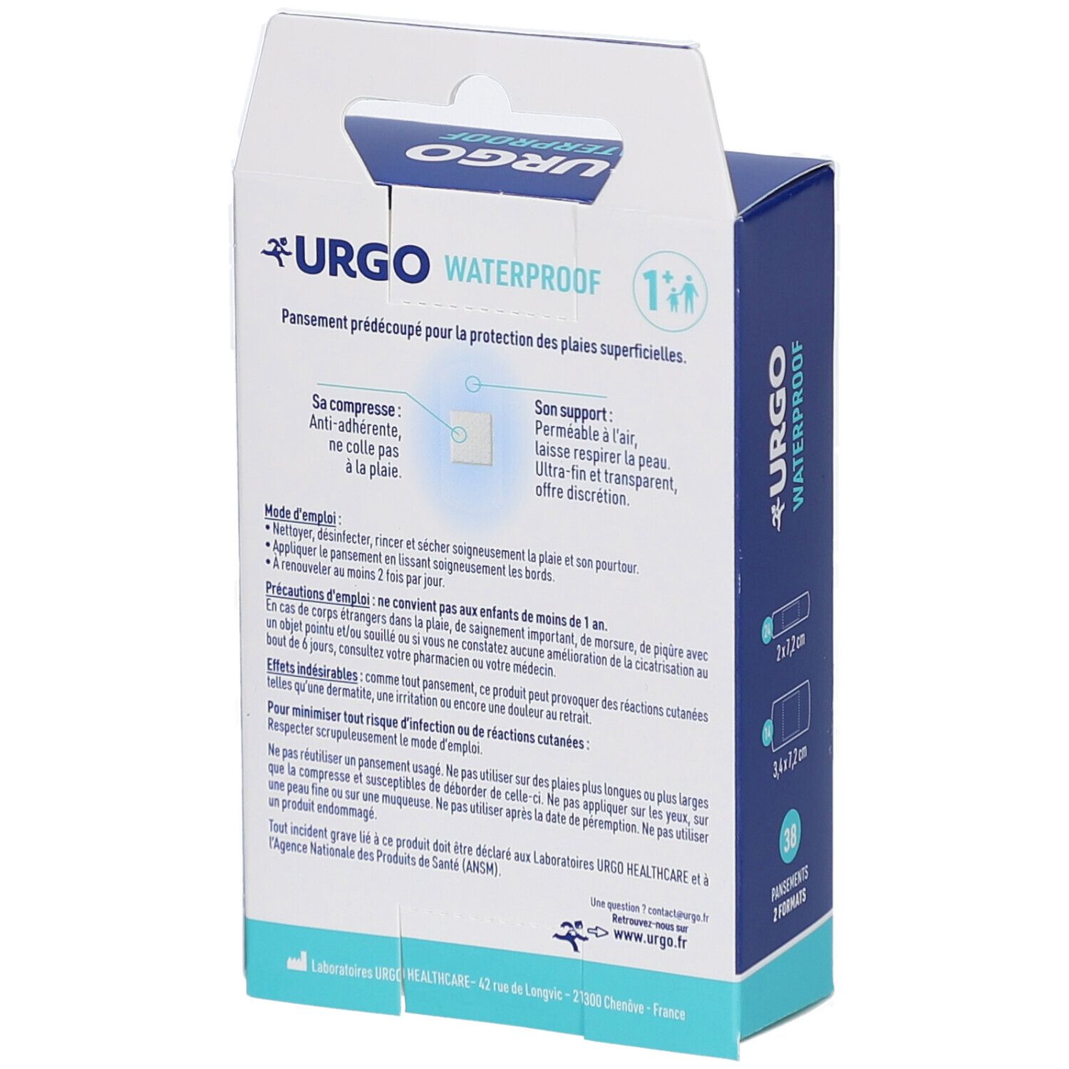 Dos de la boîte URGO Waterproof. Informations textuelles, illustrations et indications de taille.