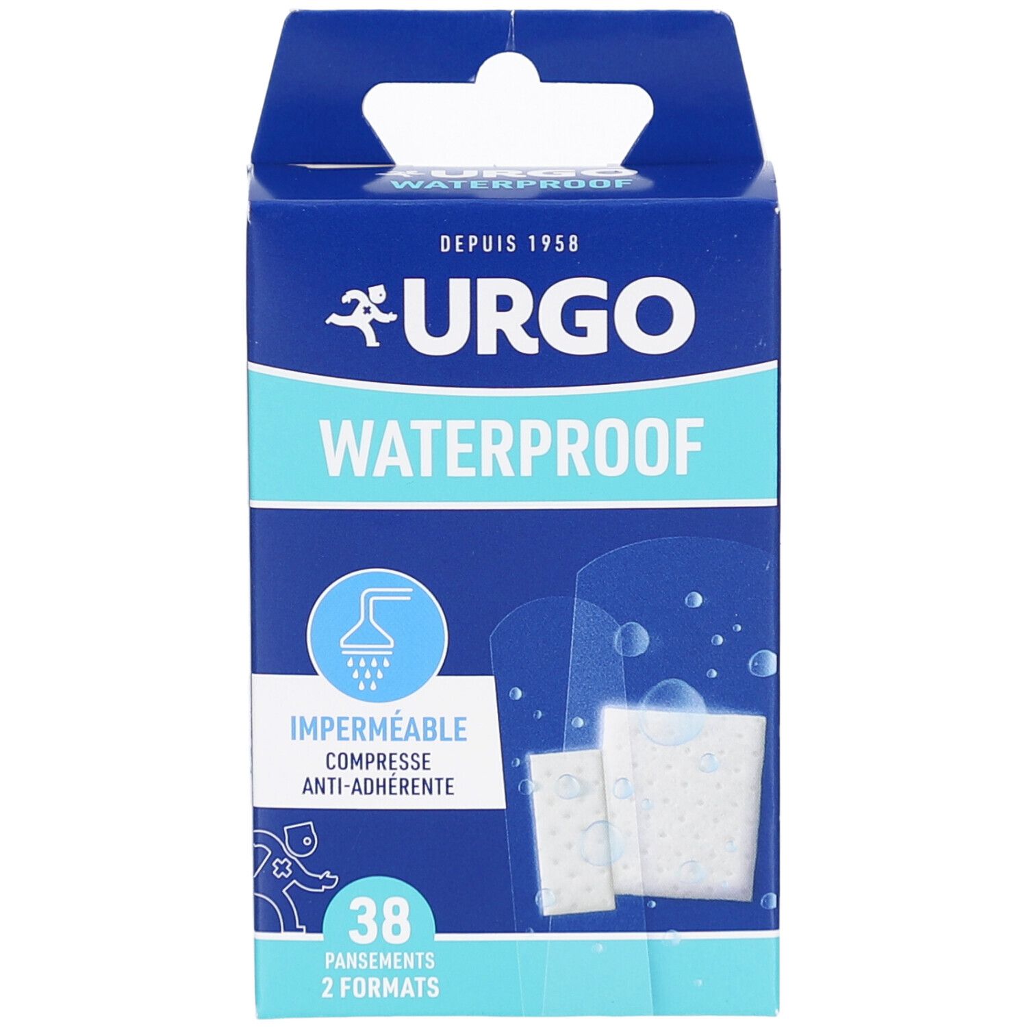 Boîte bleue URGO Waterproof. 38 pansements, 2 formats. Illustration de pansements et symbole de douche.