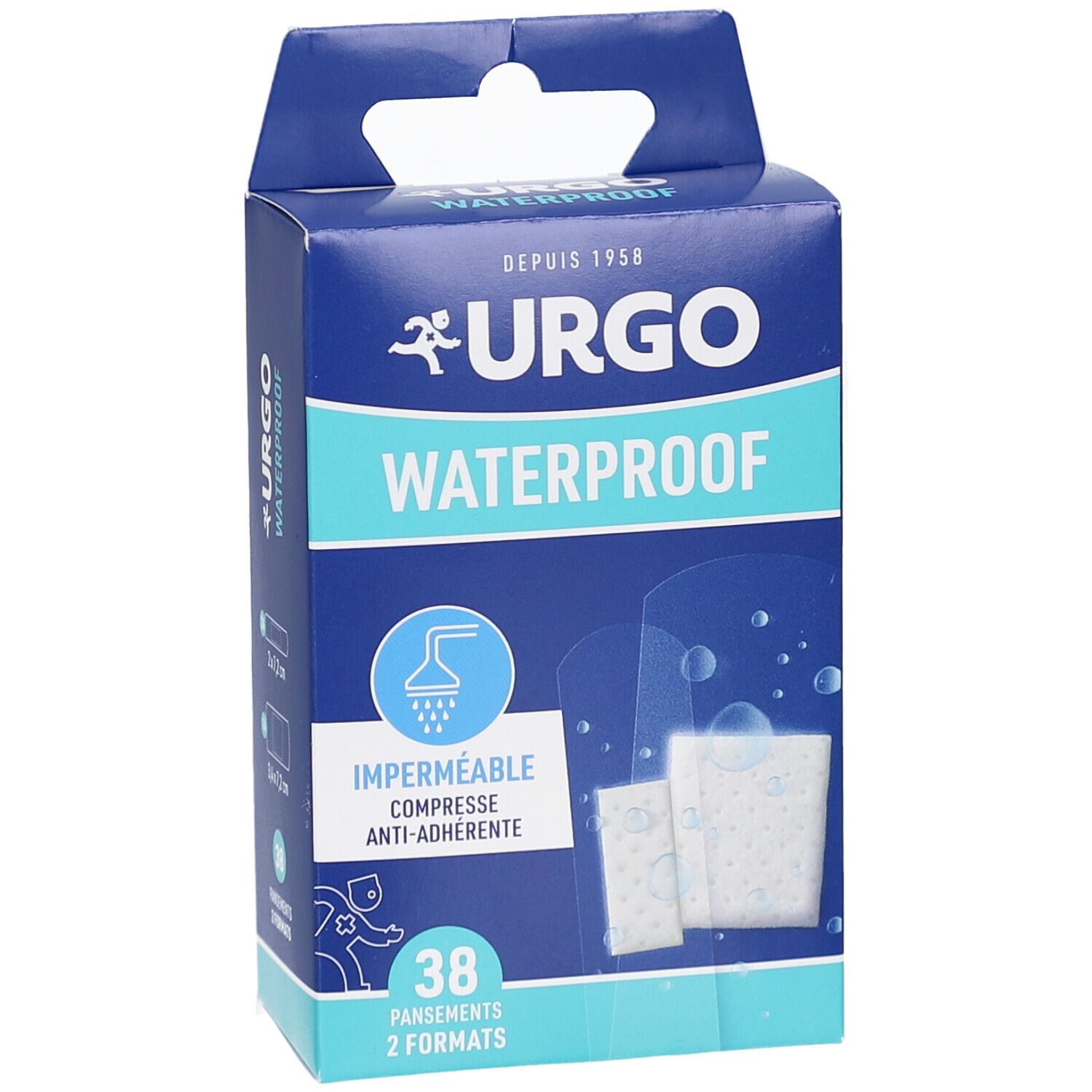 Boîte bleue URGO Waterproof. 38 pansements, 2 formats. Illustration de pansements et symbole de douche.