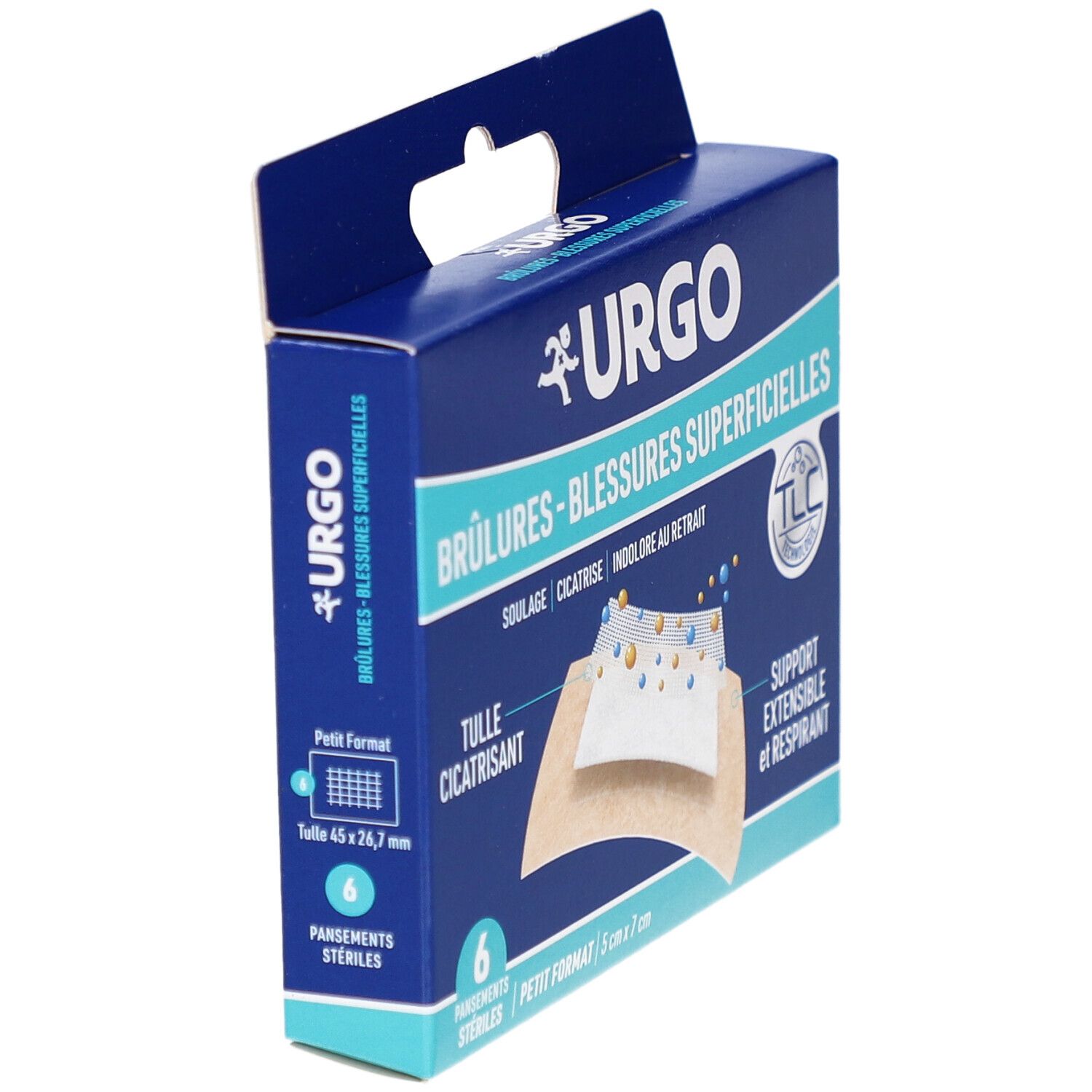 Boîte en carton bleue URGO. Inscription: Brûlures - Blessures Superficielles. Contient 6 pansements stériles. Format: 4,5 cm x 2,6 cm.