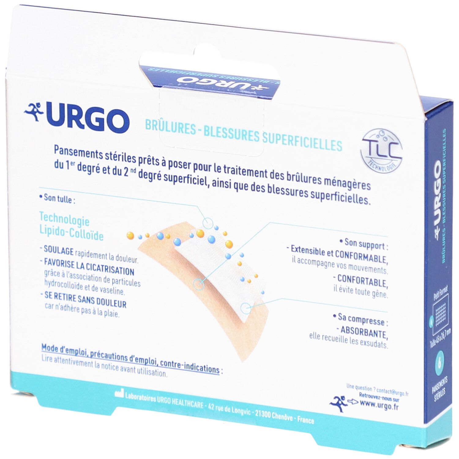 Dos de la boîte en carton bleue URGO. Texte: Brûlures - Blessures Superficielles. Description des pansements stériles et de la technologie.