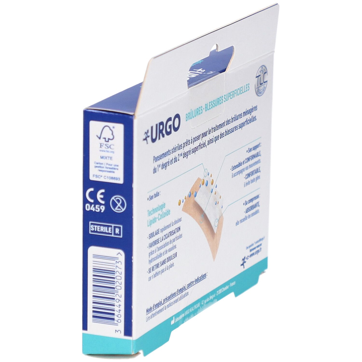 Côté de la boîte en carton bleue URGO. Inscription: Brûlures - Blessures Superficielles. Certification FSC et marquage CE.