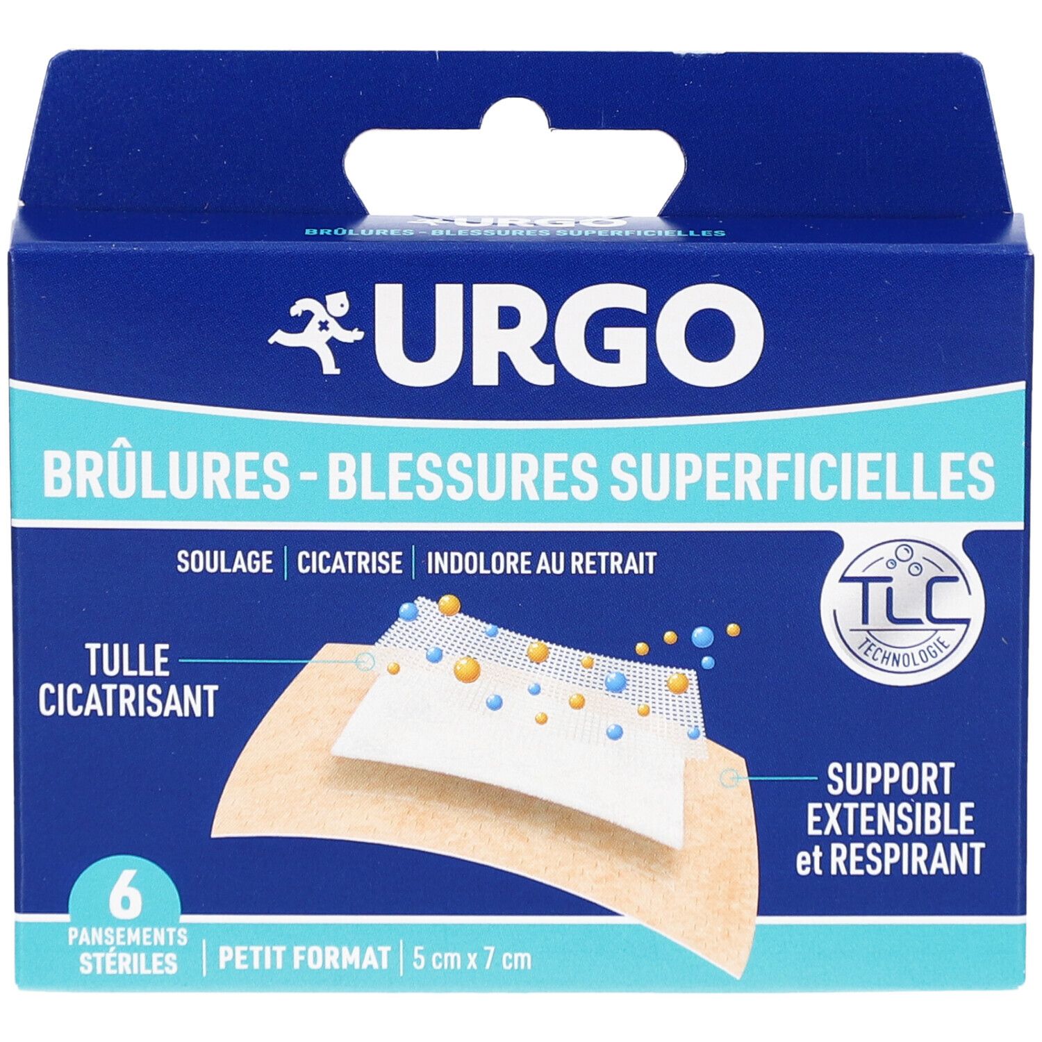 Boîte en carton bleue URGO. Inscription: Brûlures - Blessures Superficielles. Contient 6 pansements stériles. Format: 5 cm x 7 cm.
