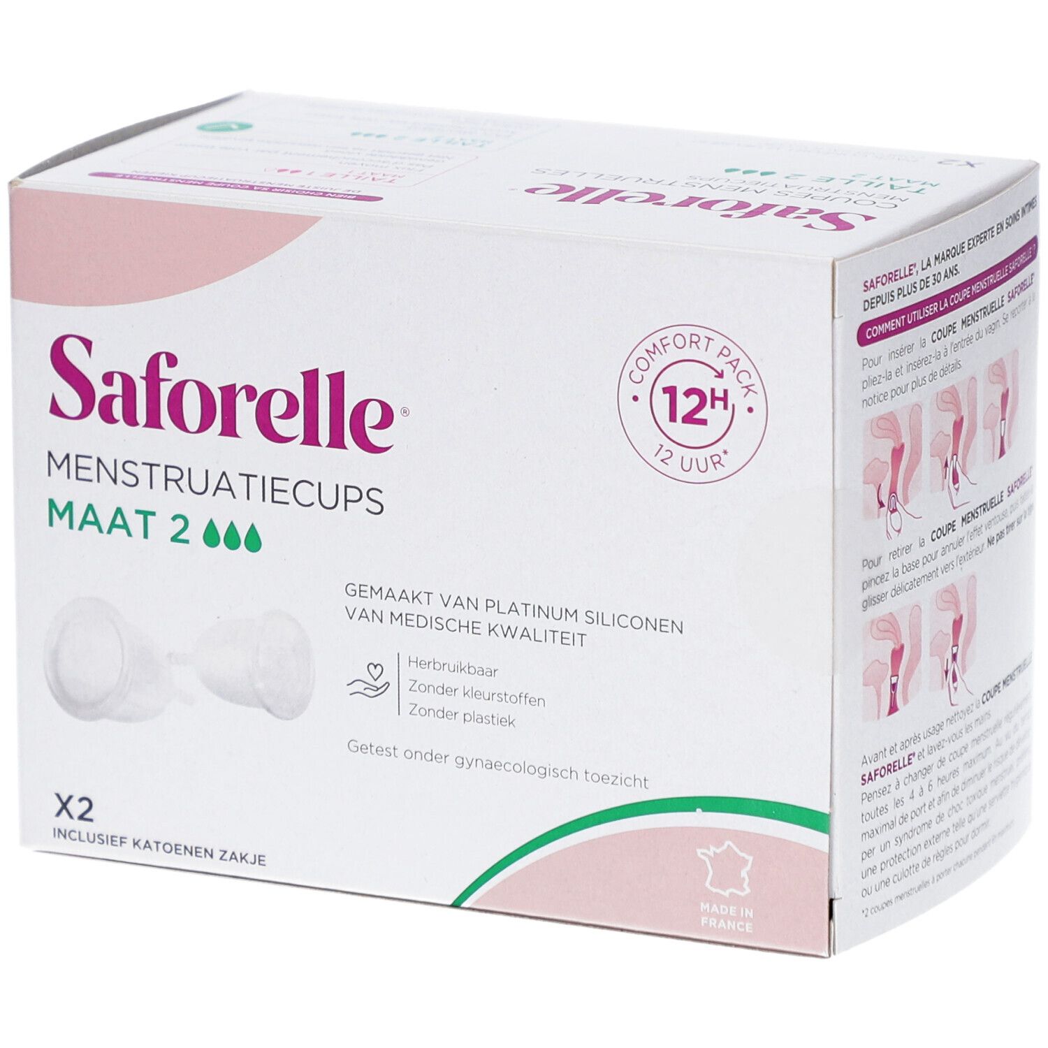 Boîte de SAFORELLE MENSTRUATIECUPS, taille 2. Contient deux coupes menstruelles. Emballage blanc et rose.