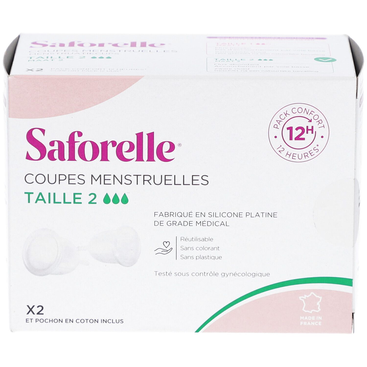 Boîte de SAFORELLE COUPES MENSTRUELLES, taille 2. Contient deux coupes menstruelles et une pochette en coton. Design blanc et rose.