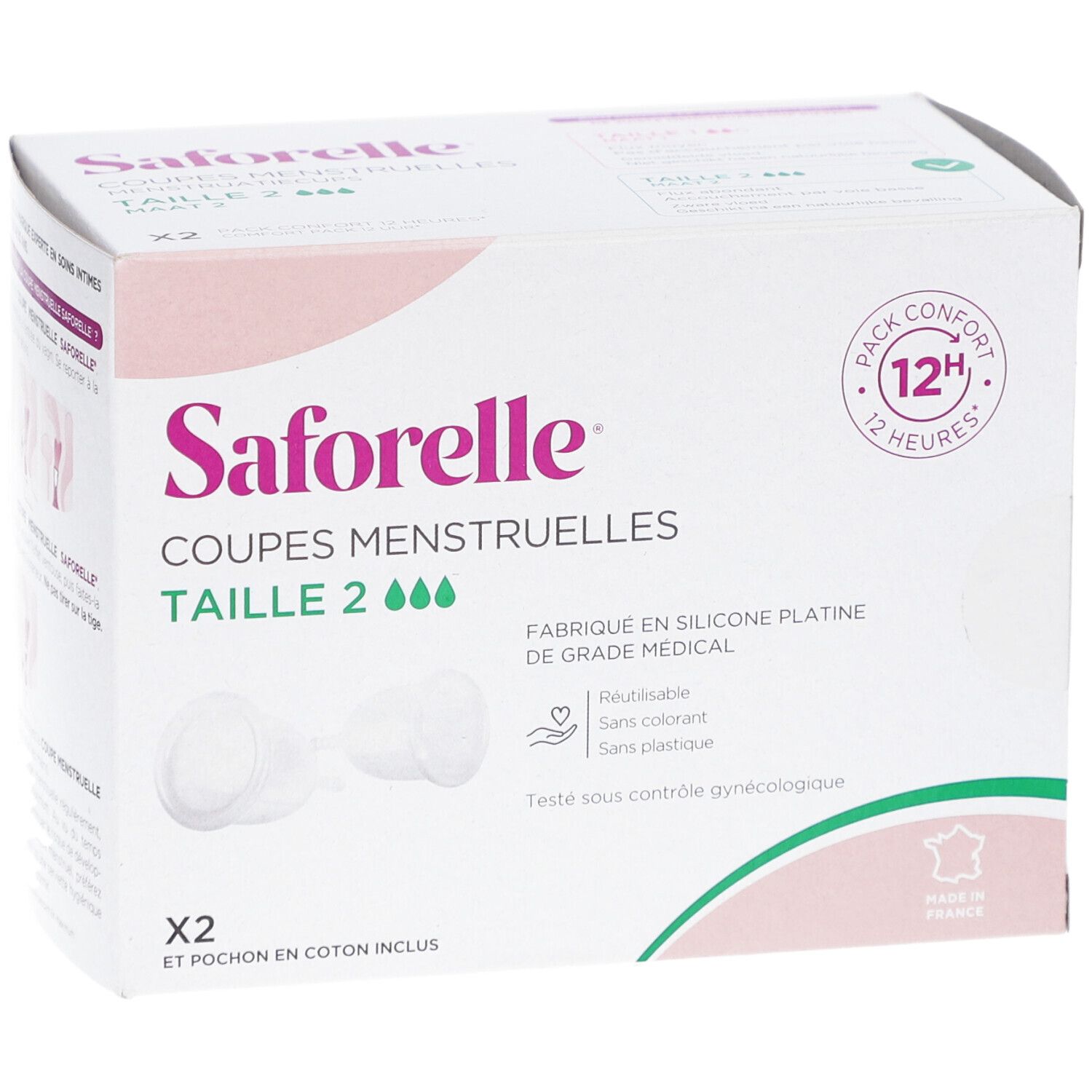 Boîte de SAFORELLE COUPES MENSTRUELLES, taille 2. Contient deux coupes menstruelles et une pochette en coton. Design blanc et rose.