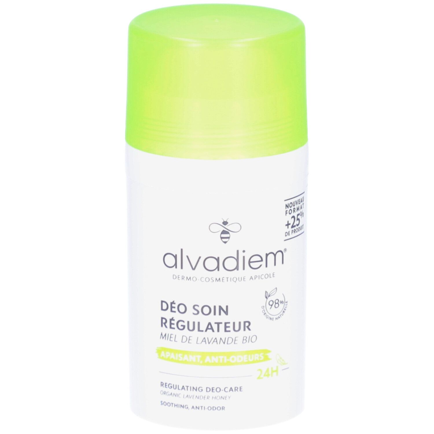 Déodorant blanc avec bouchon vert. Inscription: ALVADIEM, Déo Soin Régulateur, miel de lavande bio. 98% d'ingrédients d'origine naturelle.