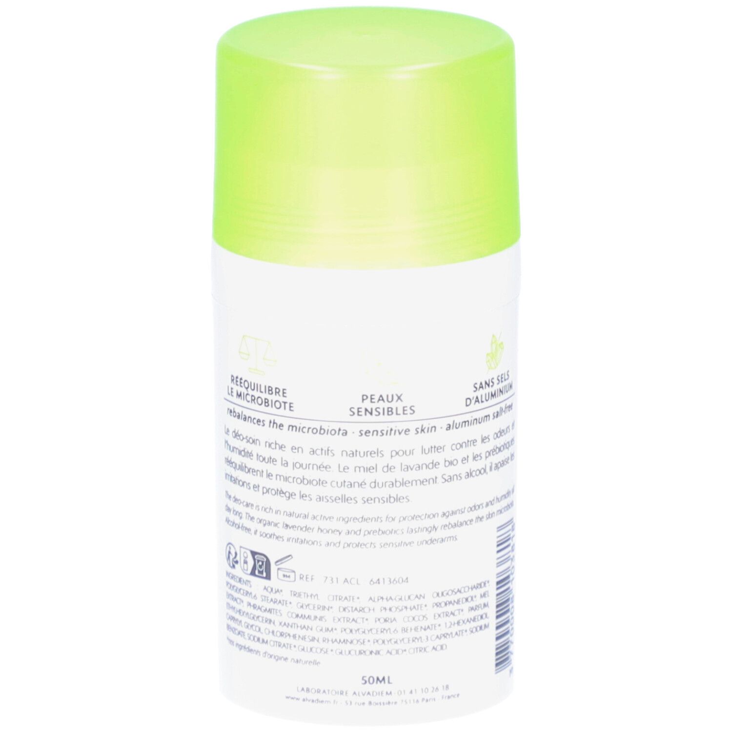 Dos du déodorant. Texte: Rééquilibre la microbiote. Peaux sensibles. Sans sels d'aluminium. 50ml.
