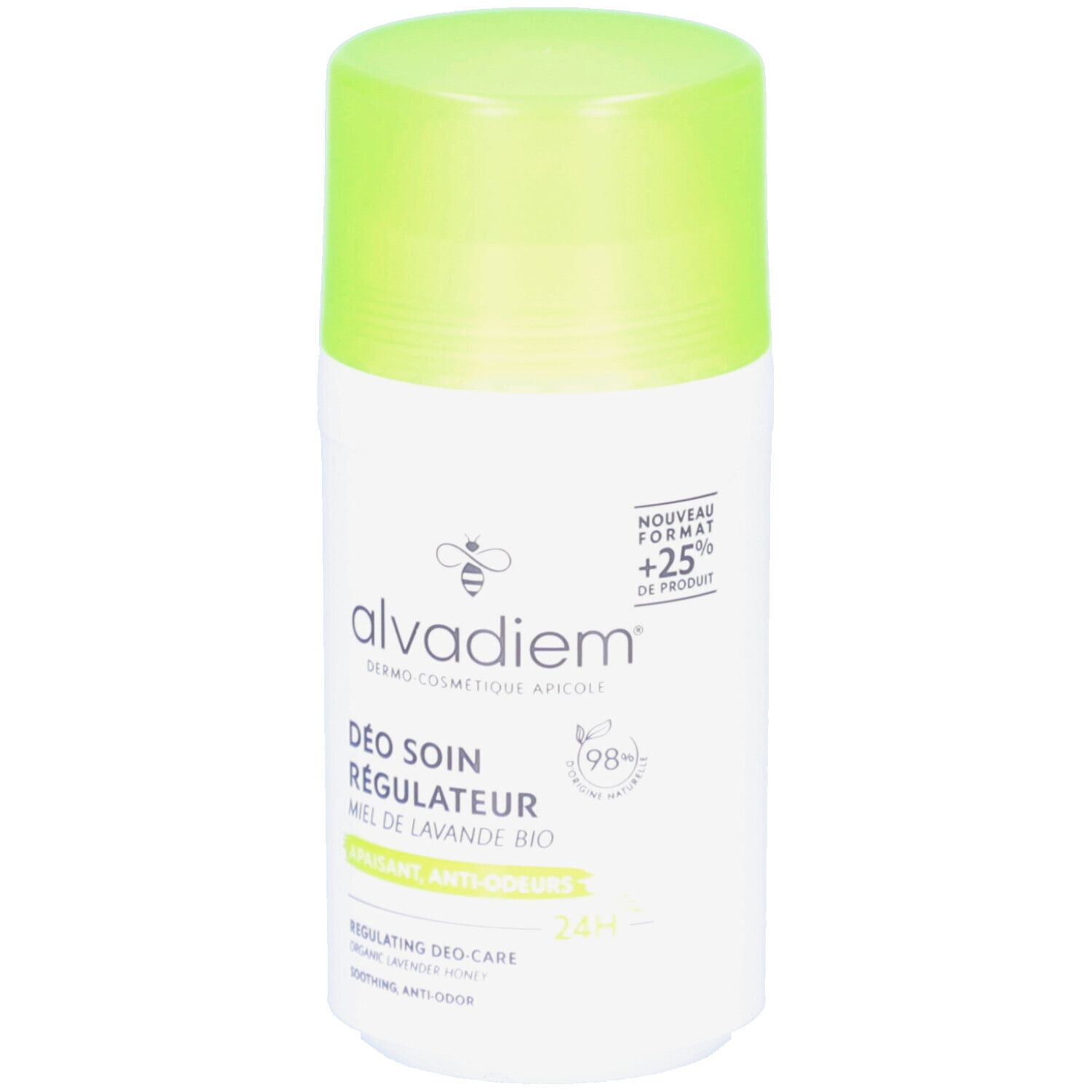 Déodorant blanc avec bouchon vert. Inscription: ALVADIEM, Déo Soin Régulateur, miel de lavande bio. 98% d'ingrédients naturels. Nouveau format +25%.