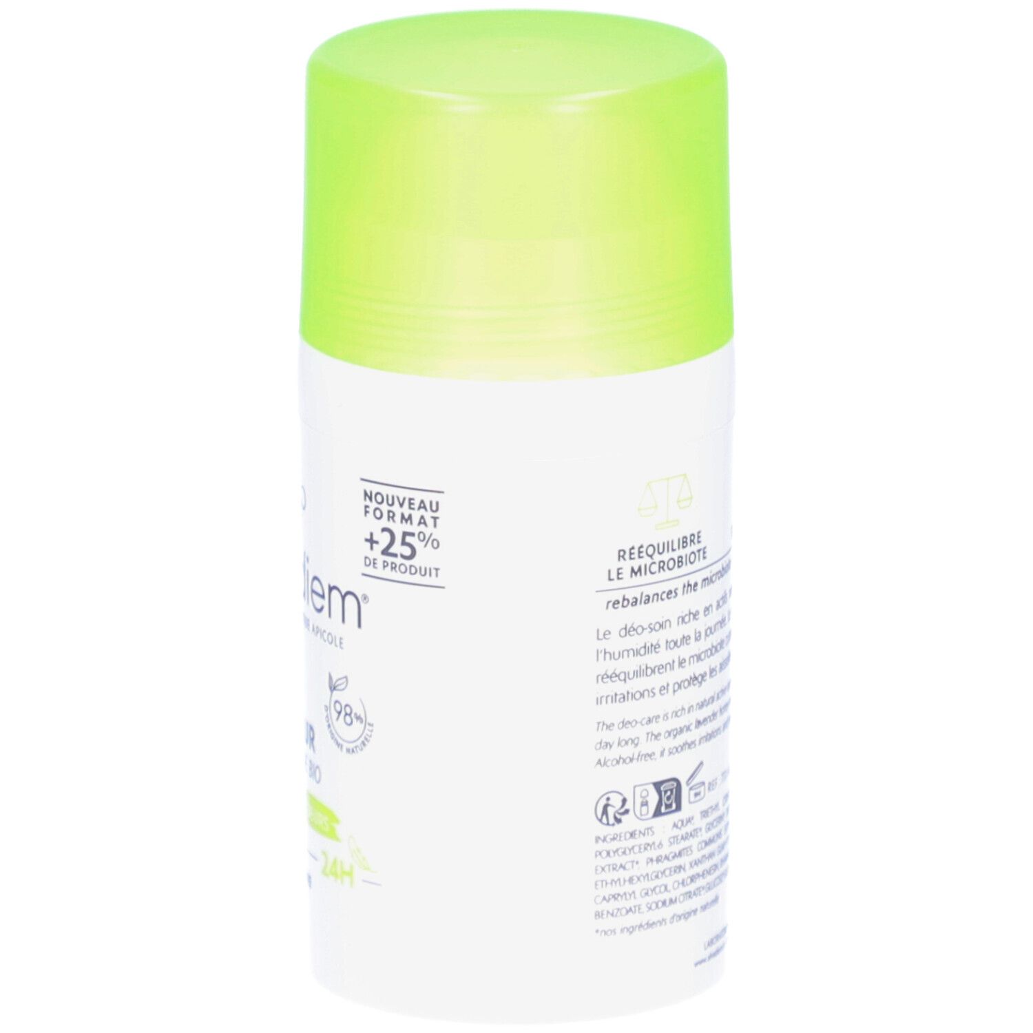 Dos du déodorant. Texte: Rééquilibre la microbiote. Peaux sensibles. Sans sels d'aluminium. Nouveau format +25%.