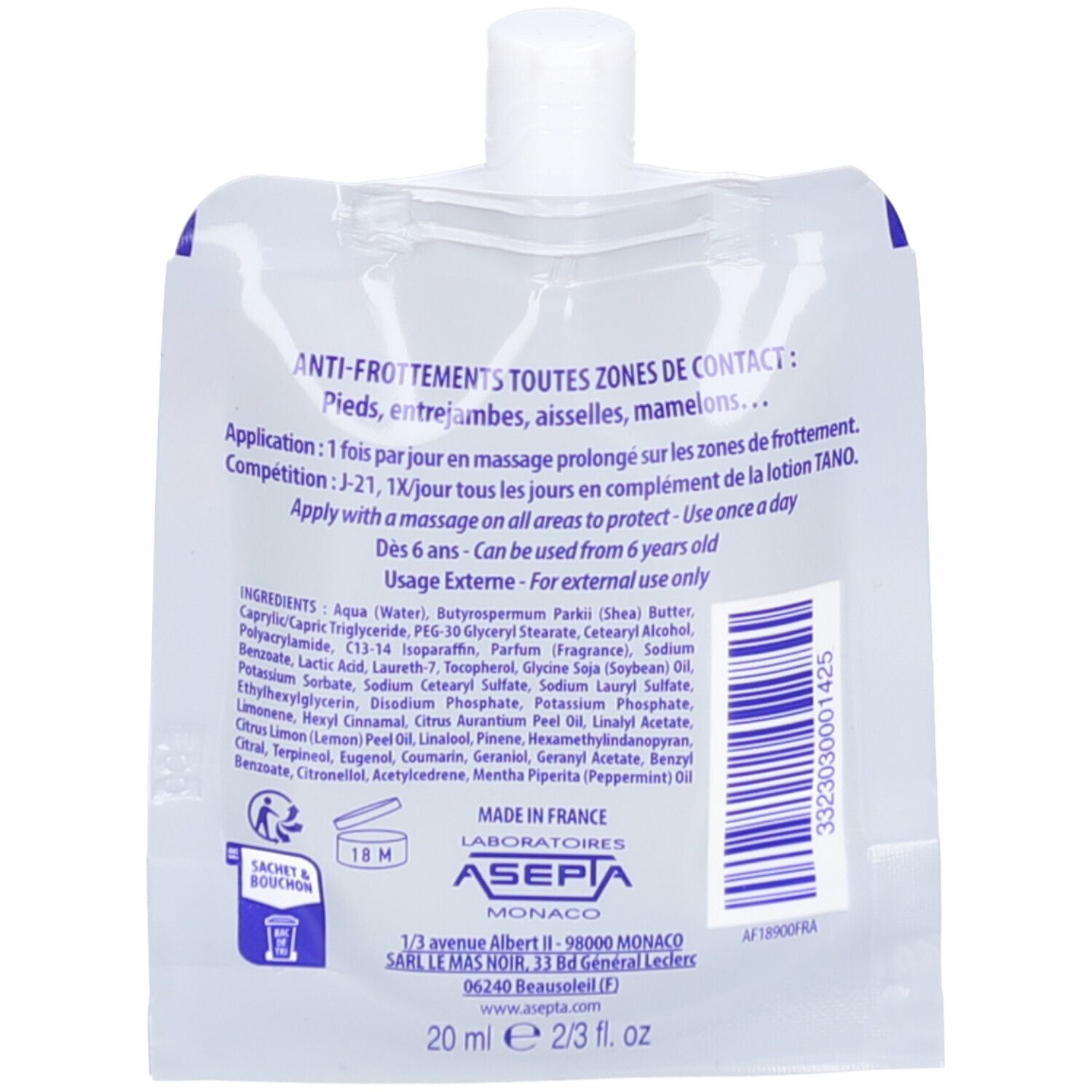 Dos du sachet. Texte: ANTI-FROTTEMENTS, toutes zones de contact. Ingrédients et informations fabricant. 20 ml.