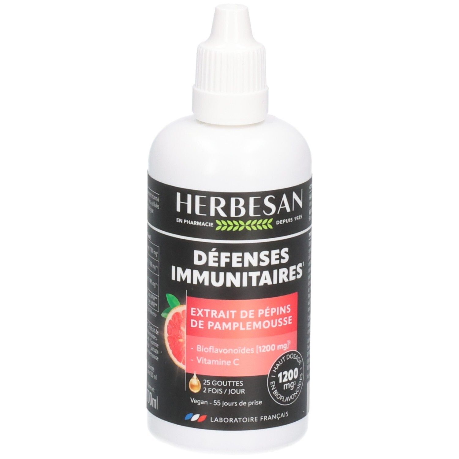 Flacon blanc Herbesan. Étiquette : Défenses Immunitaires, Extrait de Pépins de Pamplemousse, Bioflavonoïdes 1200 mg, Vitamine C. 100 ml.