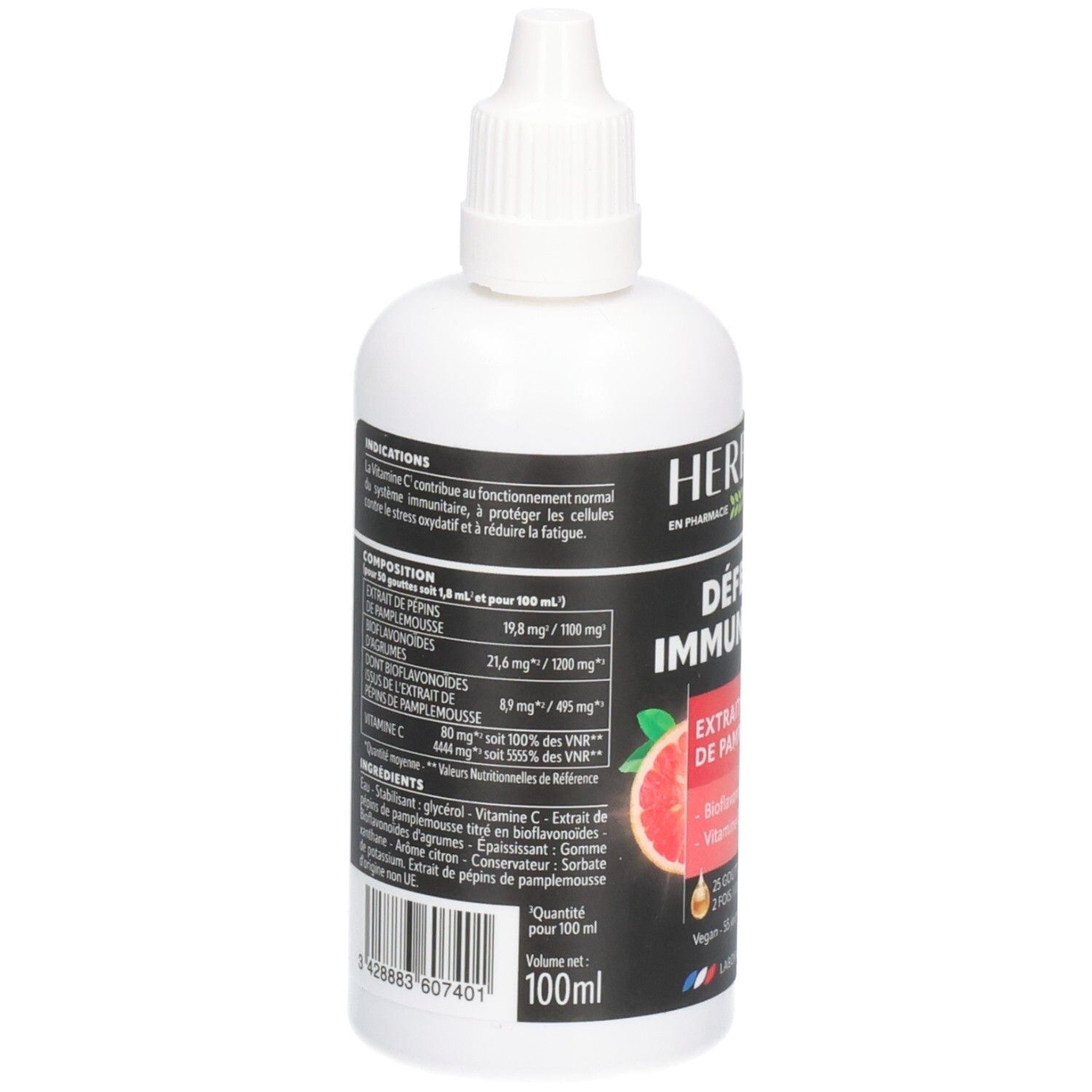 Flacon blanc Herbesan. Informations sur les ingrédients et le dosage. Volume : 100 ml.