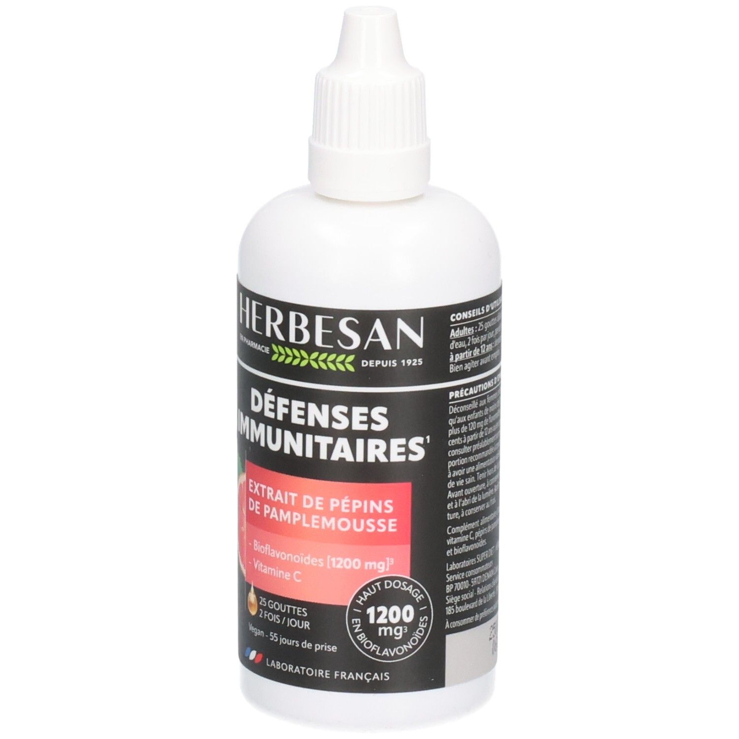 Flacon blanc Herbesan. Défenses Immunitaires, Extrait de Pépins de Pamplemousse, Bioflavonoïdes 1200 mg, Vitamine C.