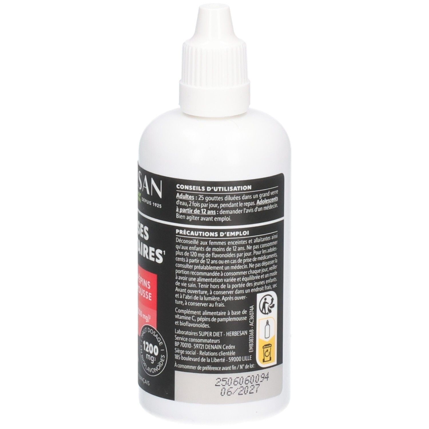 Flacon blanc Herbesan. Défenses Immunitaires, Extrait de Pépins de Pamplemousse, Bioflavonoïdes 1200 mg, Vitamine C. Conseils d'utilisation.