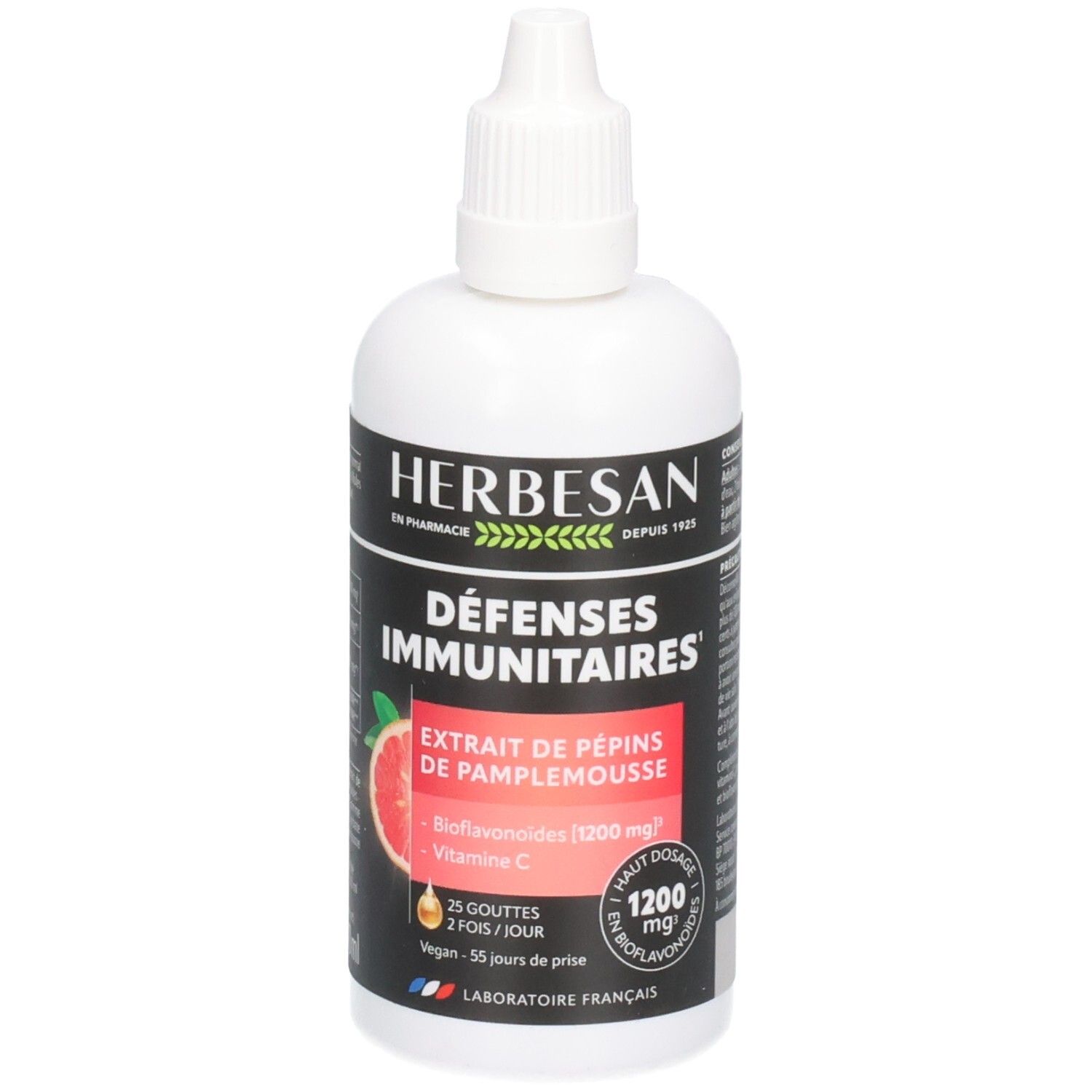 Flacon blanc Herbesan. Défenses Immunitaires, Extrait de Pépins de Pamplemousse, Bioflavonoïdes 1200 mg, Vitamine C. 100 ml.