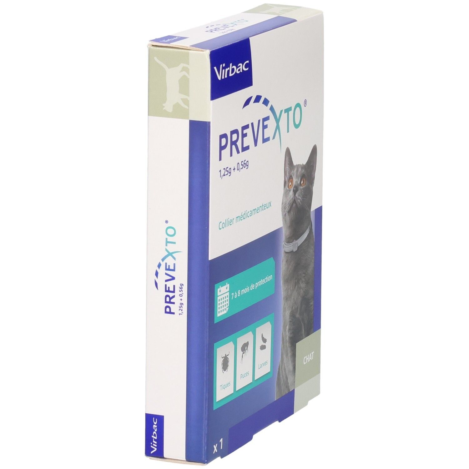 Boîte PREVEXTO, vue latérale. Collier antiparasitaire. Contient 1,25g + 0,56g. Image d'un chat avec collier. Protection contre parasites.