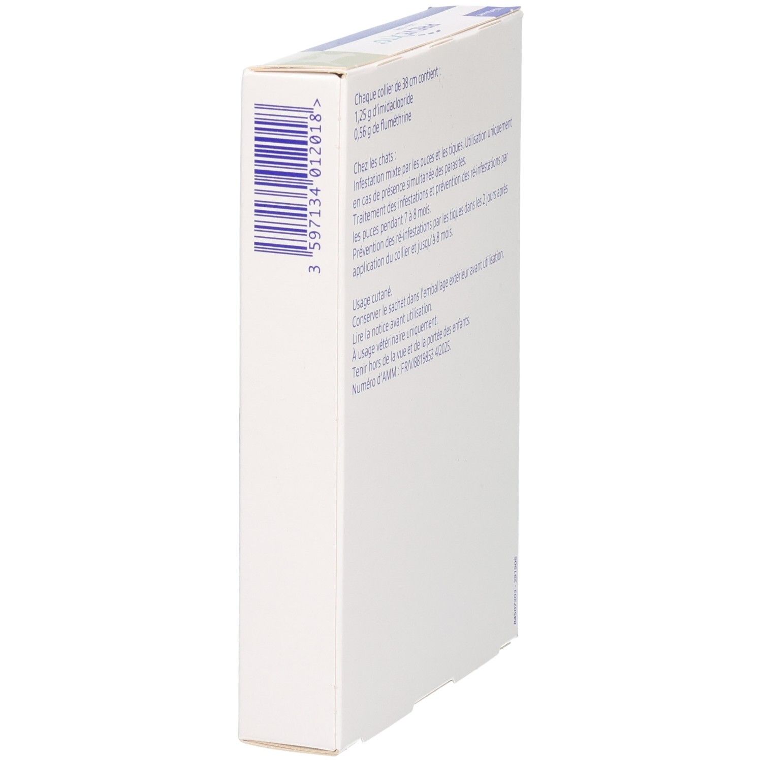 Vue latérale de la boîte PREVEXTO. Ingrédients, numéro de lot, code-barres. Informations du fabricant.