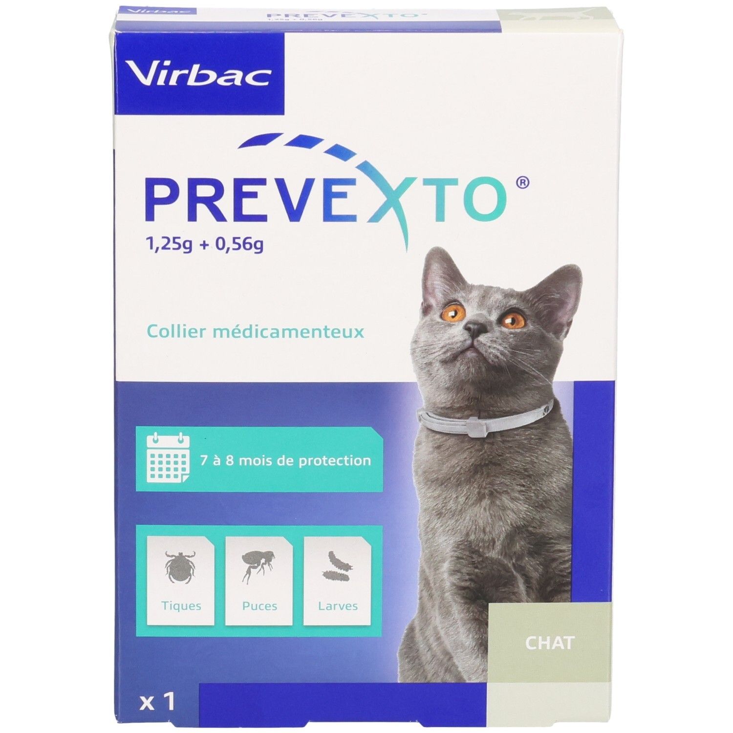 Boîte PREVEXTO pour chats. Collier antiparasitaire. Contient 1,25g + 0,56g. Protection 7-8 mois. Contre tiques, puces et larves. Image d'un chat.