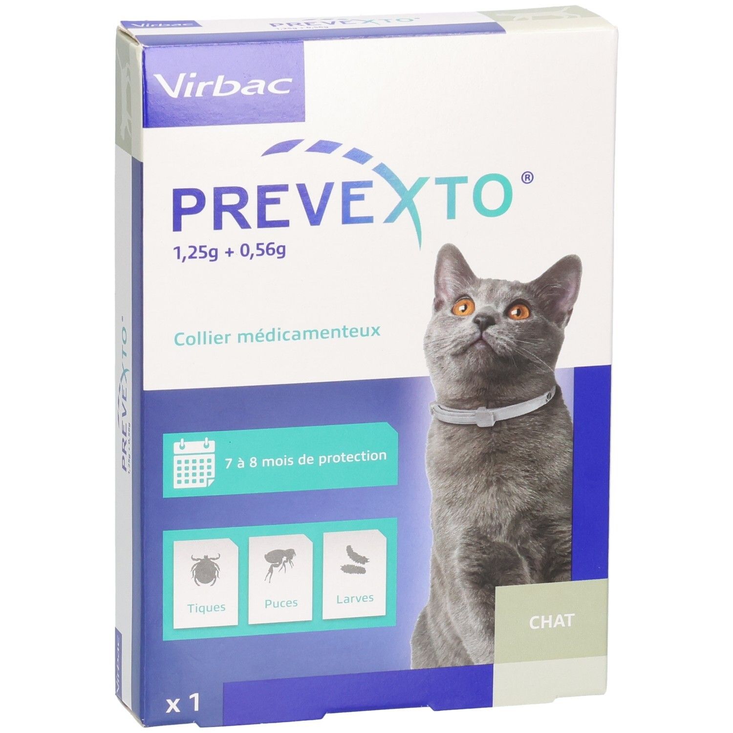 Boîte PREVEXTO pour chats. Collier antiparasitaire. Contient 1,25g + 0,56g. Protection 7-8 mois. Contre tiques, puces et larves. Image d'un chat.