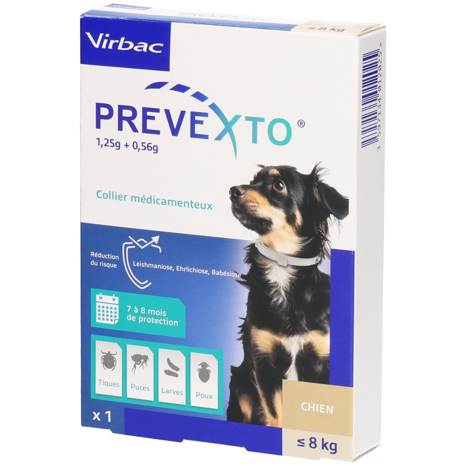 Boîte de collier PREVEXTO pour chiens. Contient 1,25g + 0,56g. Réduit le risque de leishmaniose, ehrlichiose, babésiose.