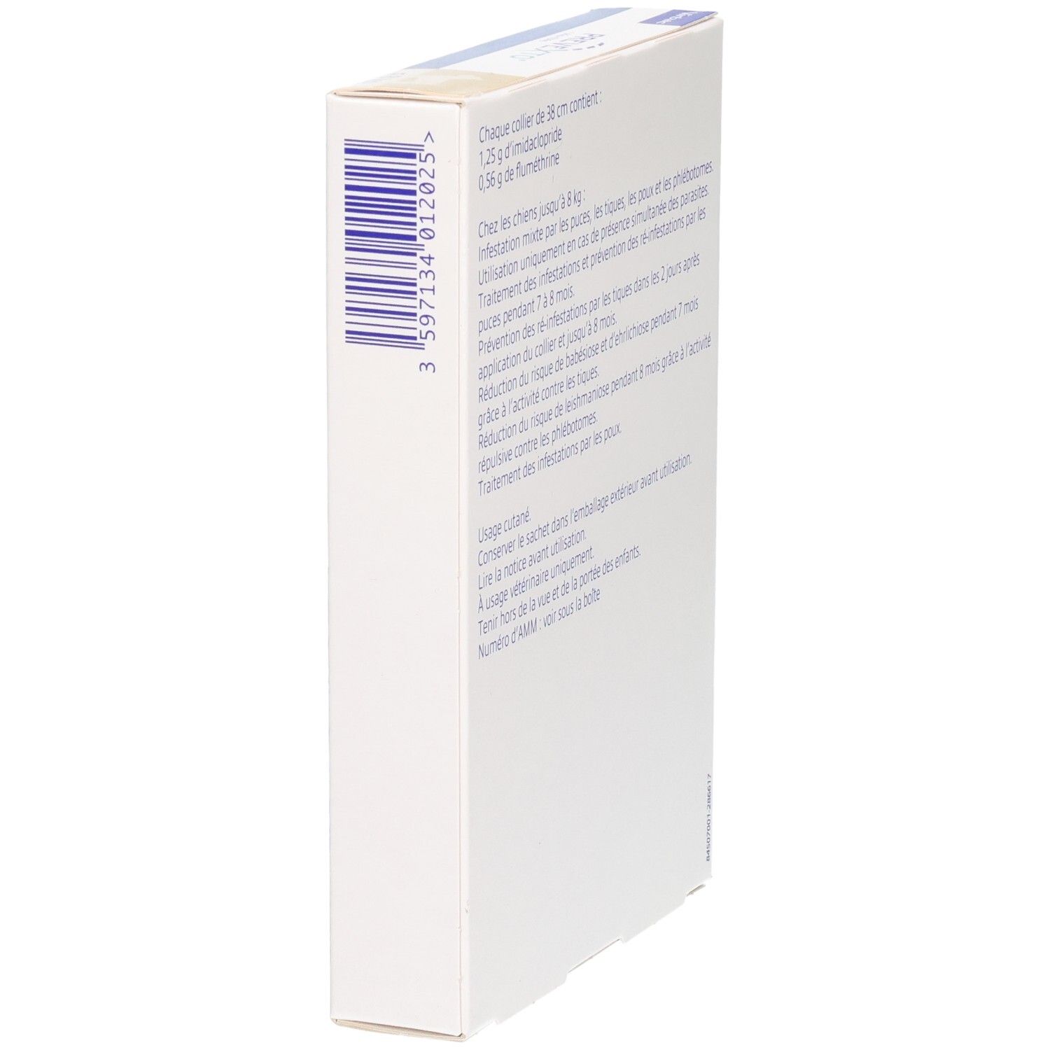 Vue latérale de la boîte PREVEXTO. Contient un code-barres et du texte. Marque Virbac. Pour chiens.