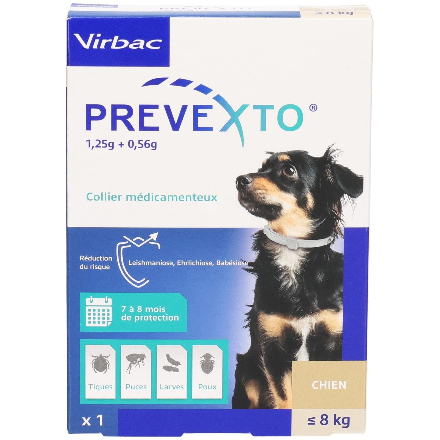 Boîte PREVEXTO. Contient un collier pour chiens. Marque Virbac. Pour chiens ≤ 8 kg. Texte et image de chien.