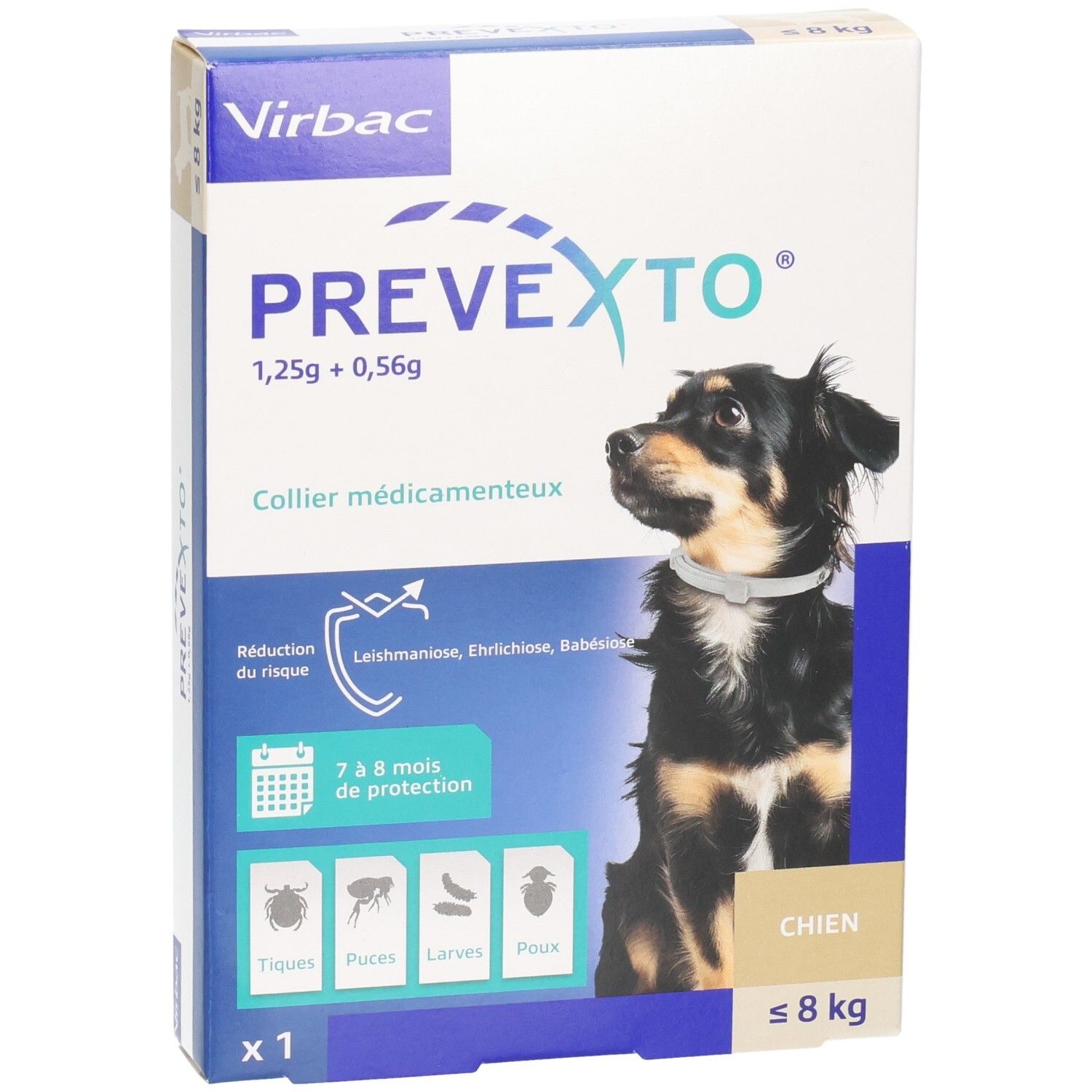 Boîte PREVEXTO. Contient un collier pour chiens. Marque Virbac. Pour chiens ≤ 8 kg. Texte et image de chien.