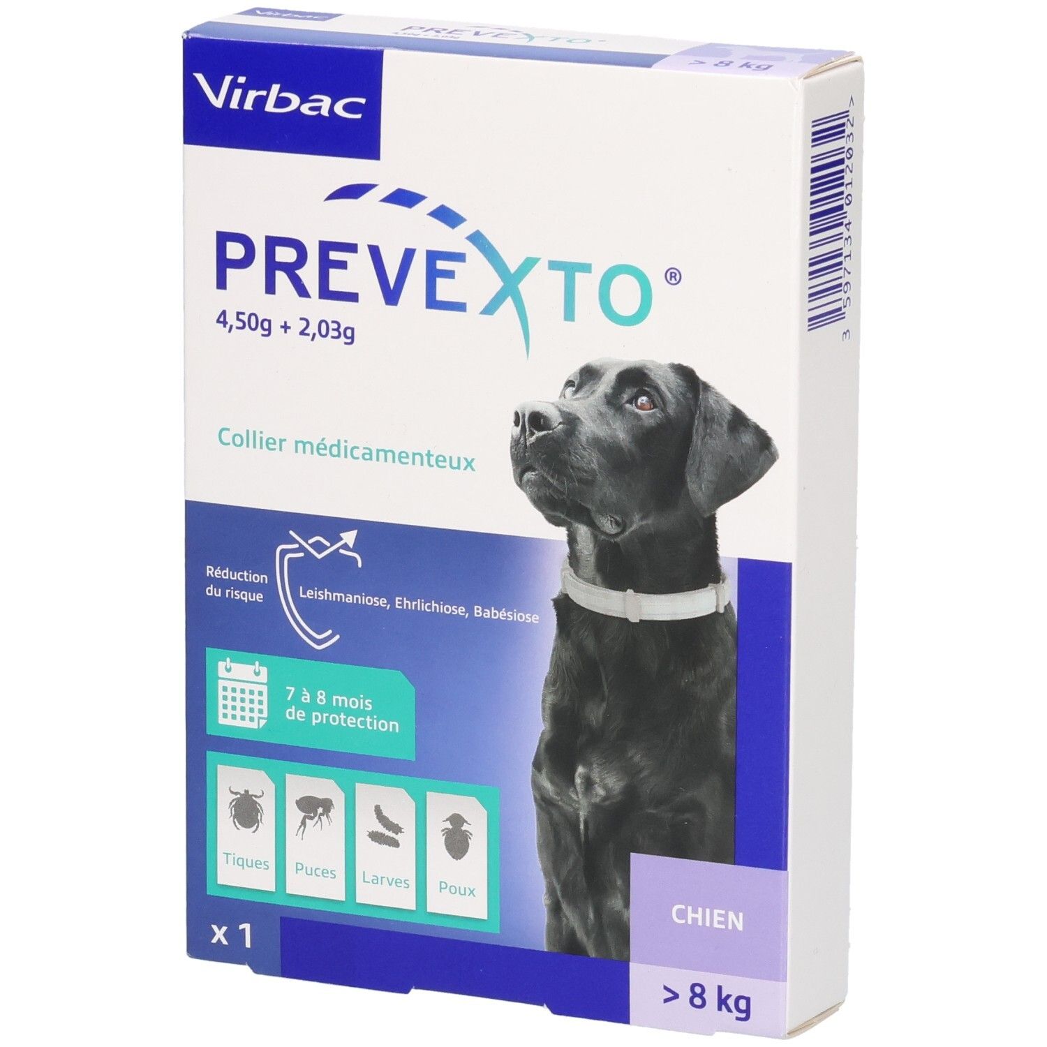 Boîte PREVEXTO pour chiens >8kg. Collier antiparasitaire. Ingrédients et durée de protection indiqués. Image d'un chien.