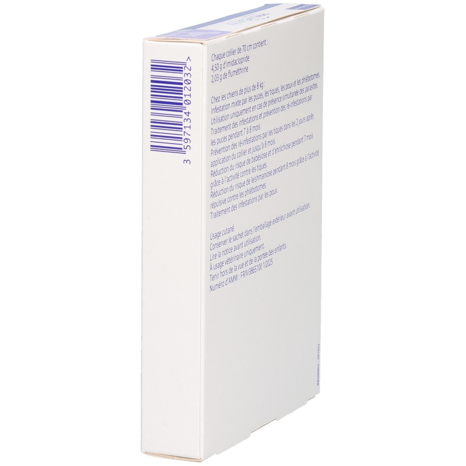 Dos de la boîte PREVEXTO. Code-barres et informations textuelles. Pour chiens >8 kg. Nom et logo du produit.