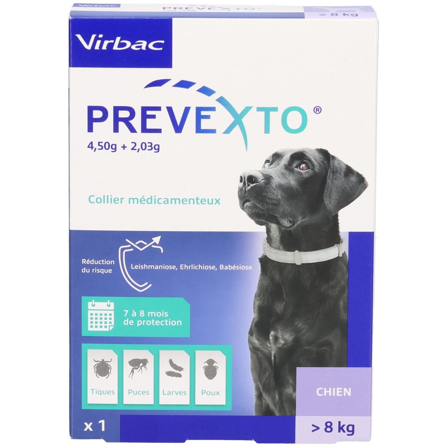 Vue de face de la boîte PREVEXTO. Nom du produit, ingrédients et durée de protection. Pour chiens >8 kg. Image d'un chien.