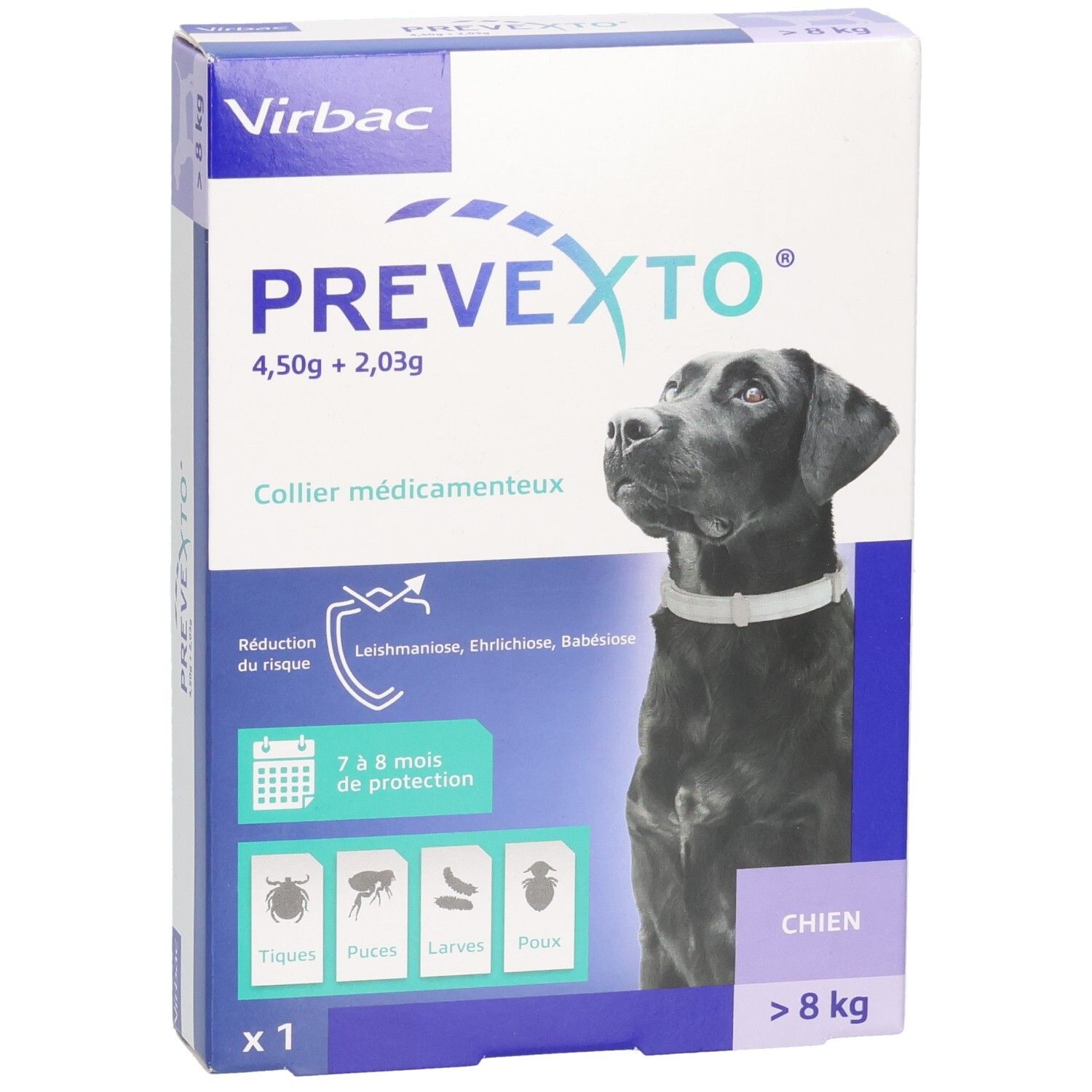 Vue de face de la boîte PREVEXTO. Nom du produit, ingrédients et durée de protection. Pour chiens >8 kg. Image d'un chien.