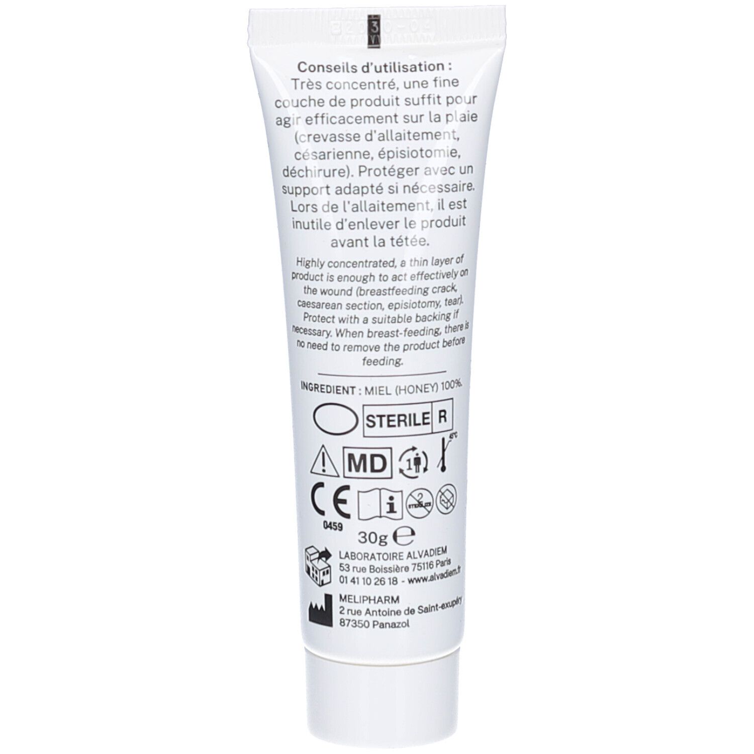 Dos du tube. Texte en français et anglais. Ingrédient: miel. Indications médicales. 30g.