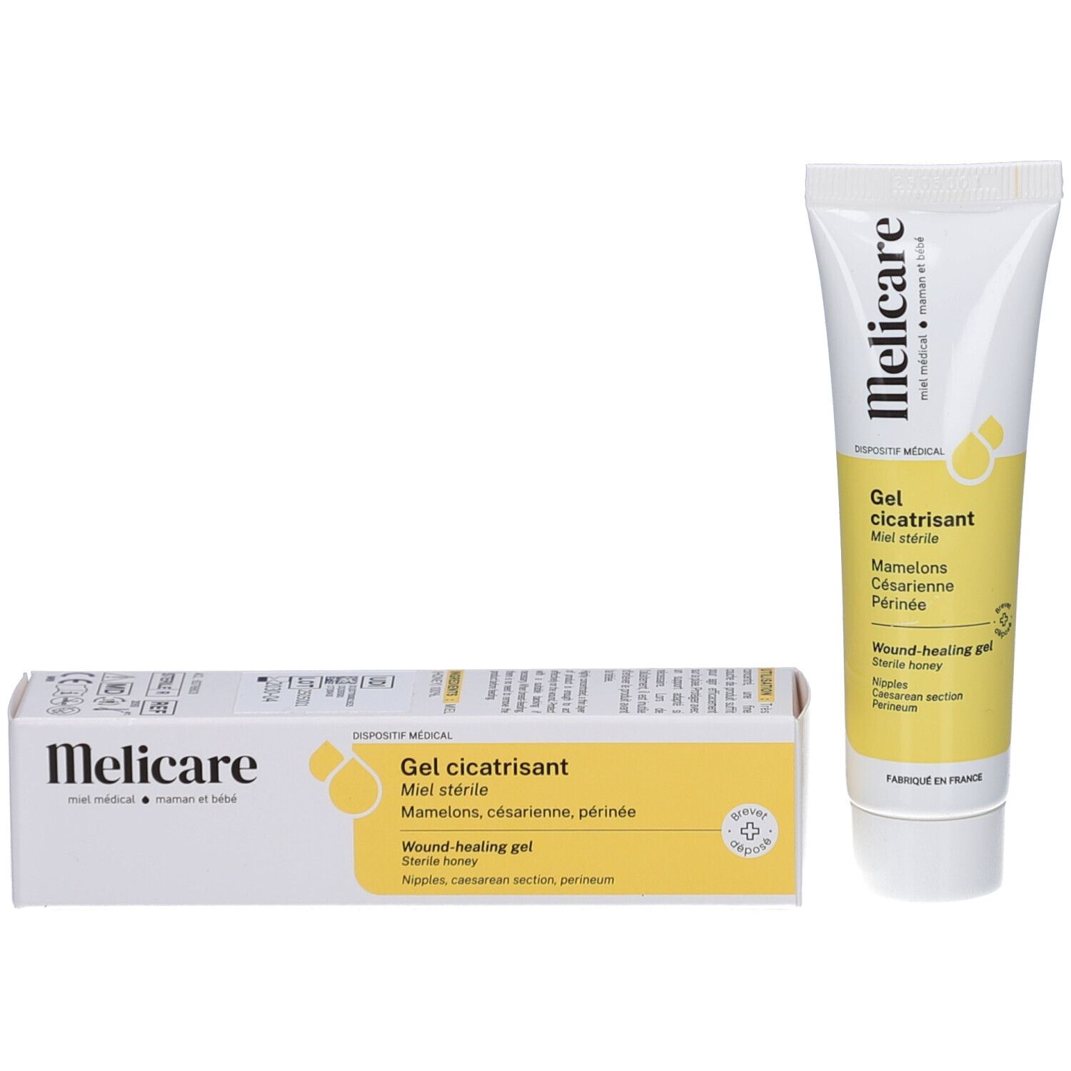 Tube et boîte. Inscription: Melicare, Gel cicatrisant, miel. Dispositif médical. Fabriqué en France. Emballage jaune et blanc.