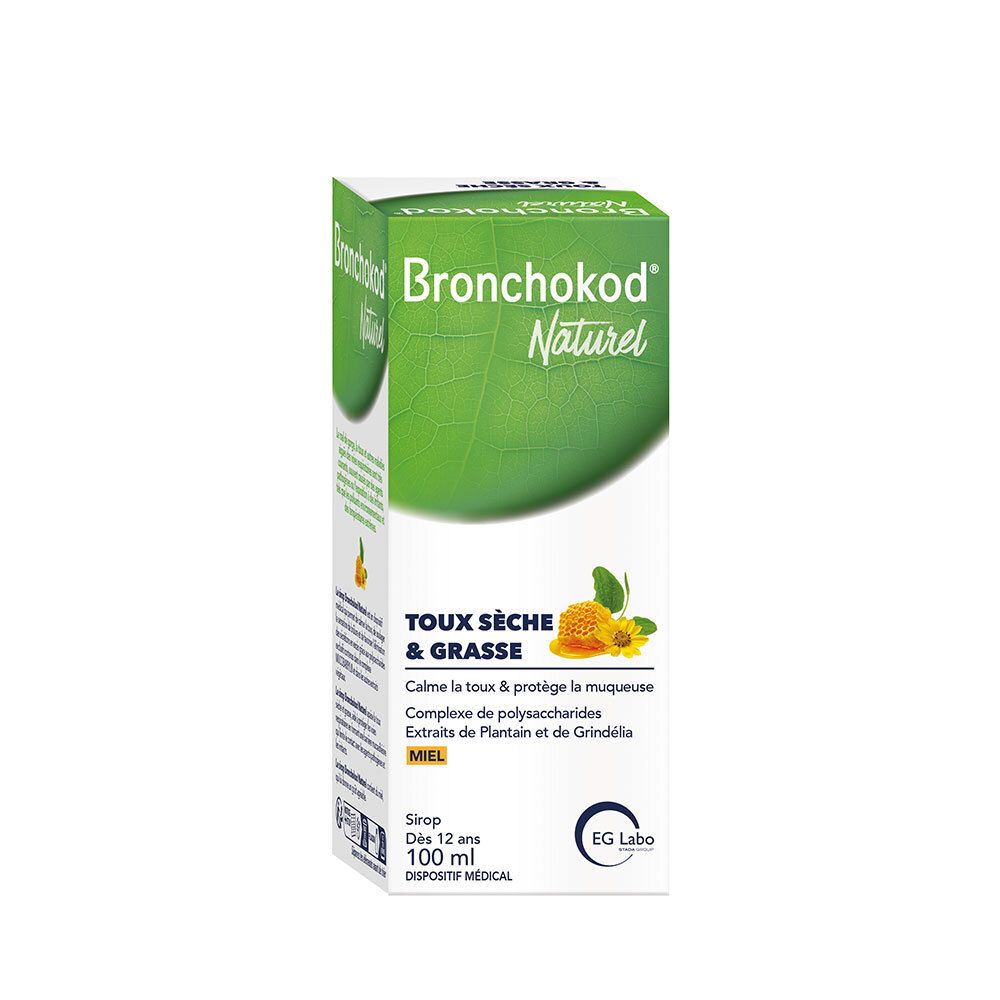 Boîte blanche et verte. Nom et texte du produit sur le devant. Inscription: TOUX SÈCHE & GRASSE. 100 ml. Logo EG Labo.