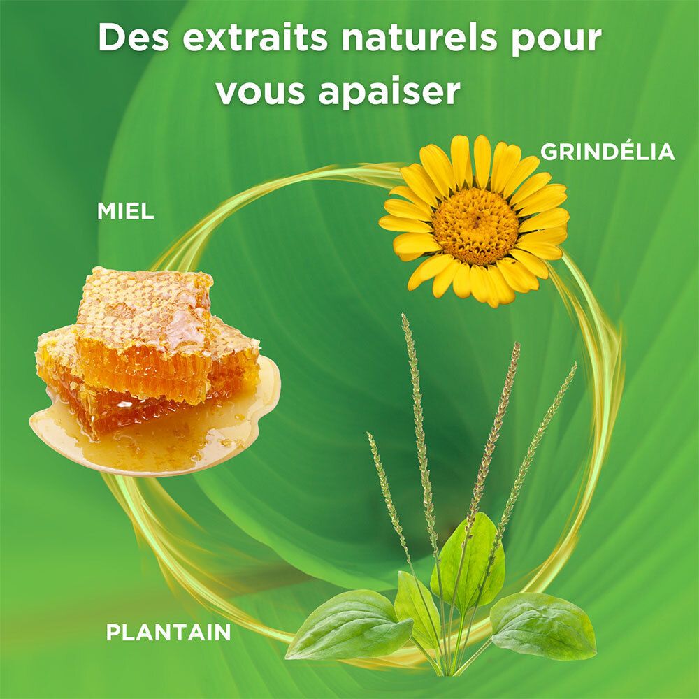 Rayon de miel, tournesol et plantes. Texte: Des extraits naturels pour vous apaiser. Inscription: Miel, Grindélia, Plantain.