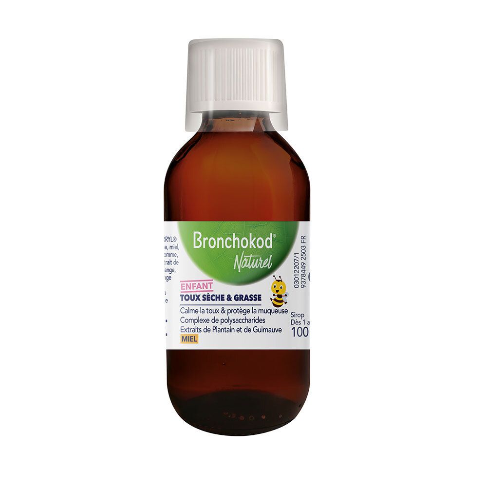 Flacon brun avec bouchon blanc. Étiquette avec nom du produit et ingrédients. Le flacon est sur fond blanc.